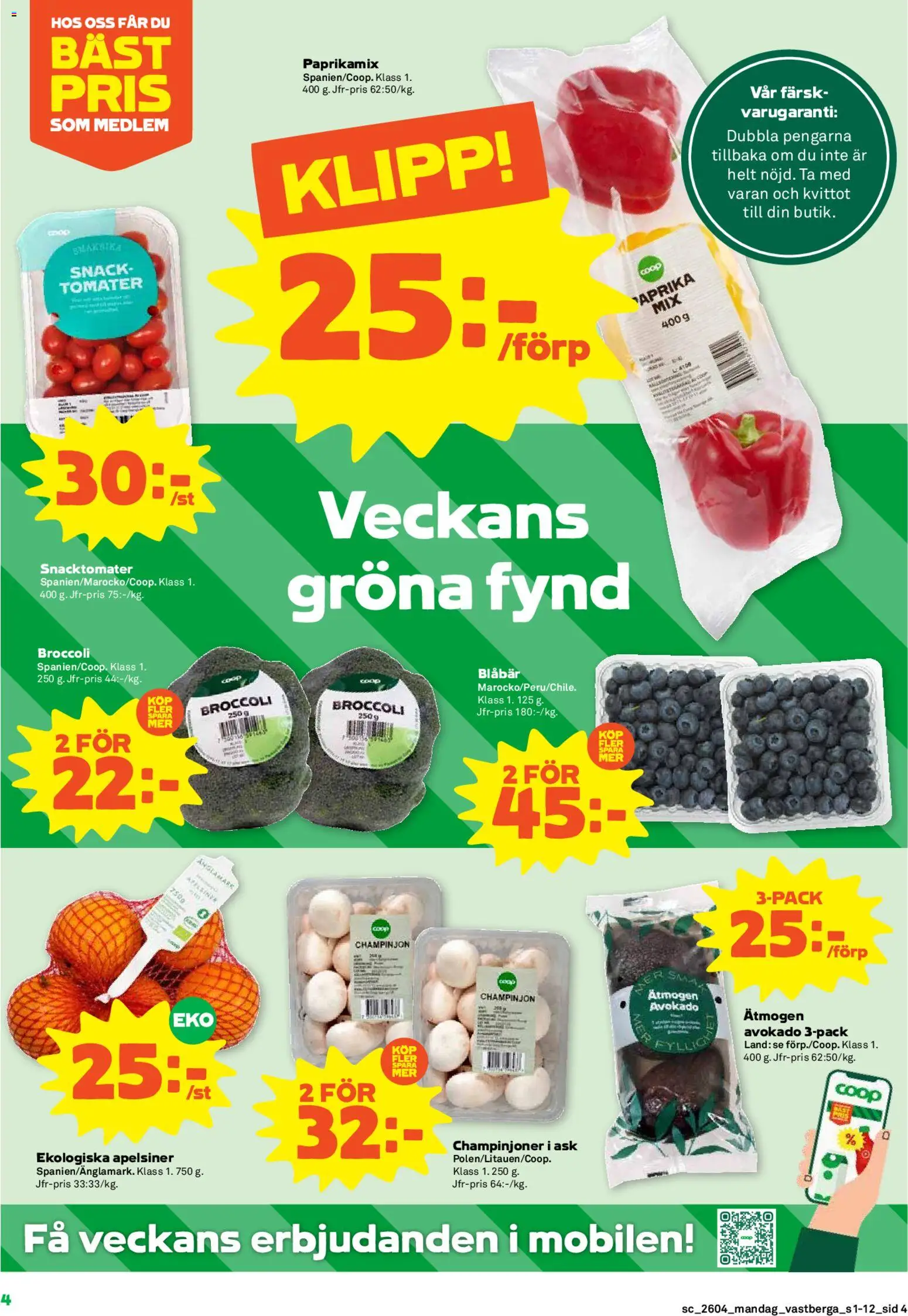 Coop Forum reklamblad aktuell från 19.01.2026 | Sida: 4 | Produkter: Champinjoner, Apelsiner, Blåbär, Broccoli