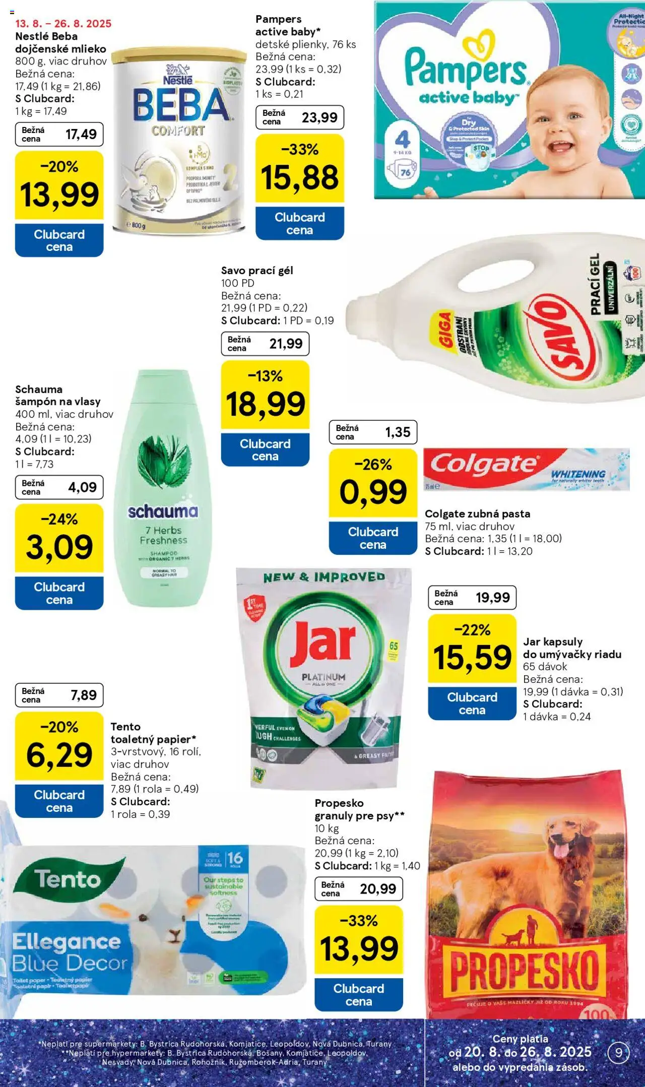 Tesco Supermarket - leták │ platný od 20.08.2025 | Strana: 9 | Produkty: Mlieko, Šampón, Zubná pasta, Pampers