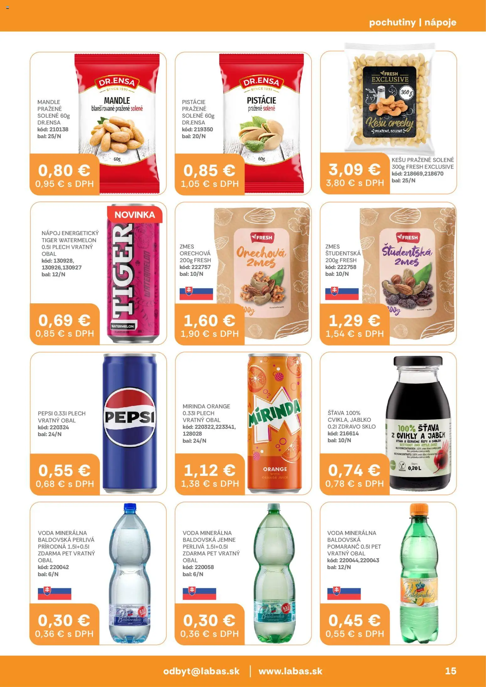 Nové Labaš akcie – leták je platný od 16.01.2026 | Strana: 15 | Produkty: Pepsi, Mandle, Kešu orechy, Baldovská