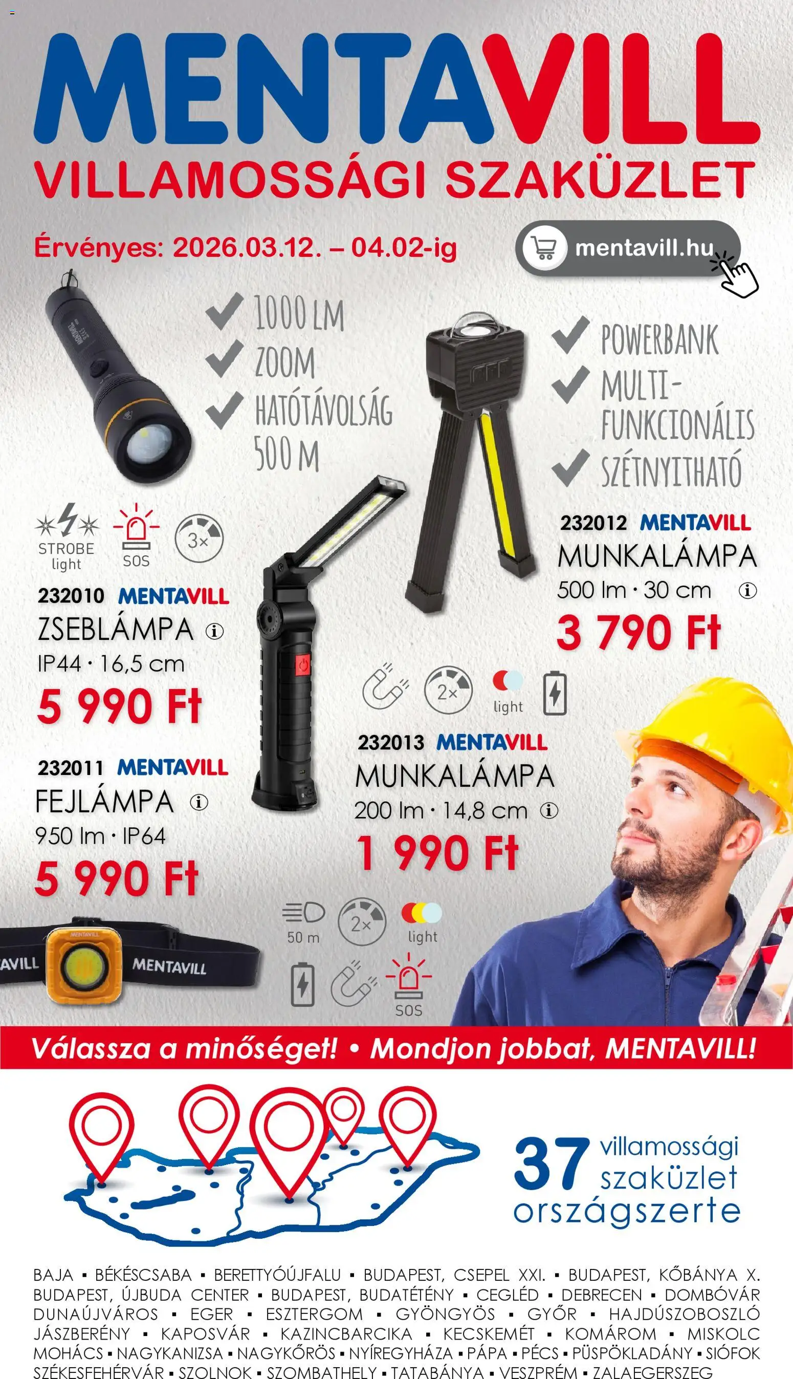 Mentavill akciós ujság - amely érvényes a következő dátumtól: 12.03.2026 | Oldal: 1 | Termékek: Powerbank, Zseblámpa, Fejlámpa, Egér