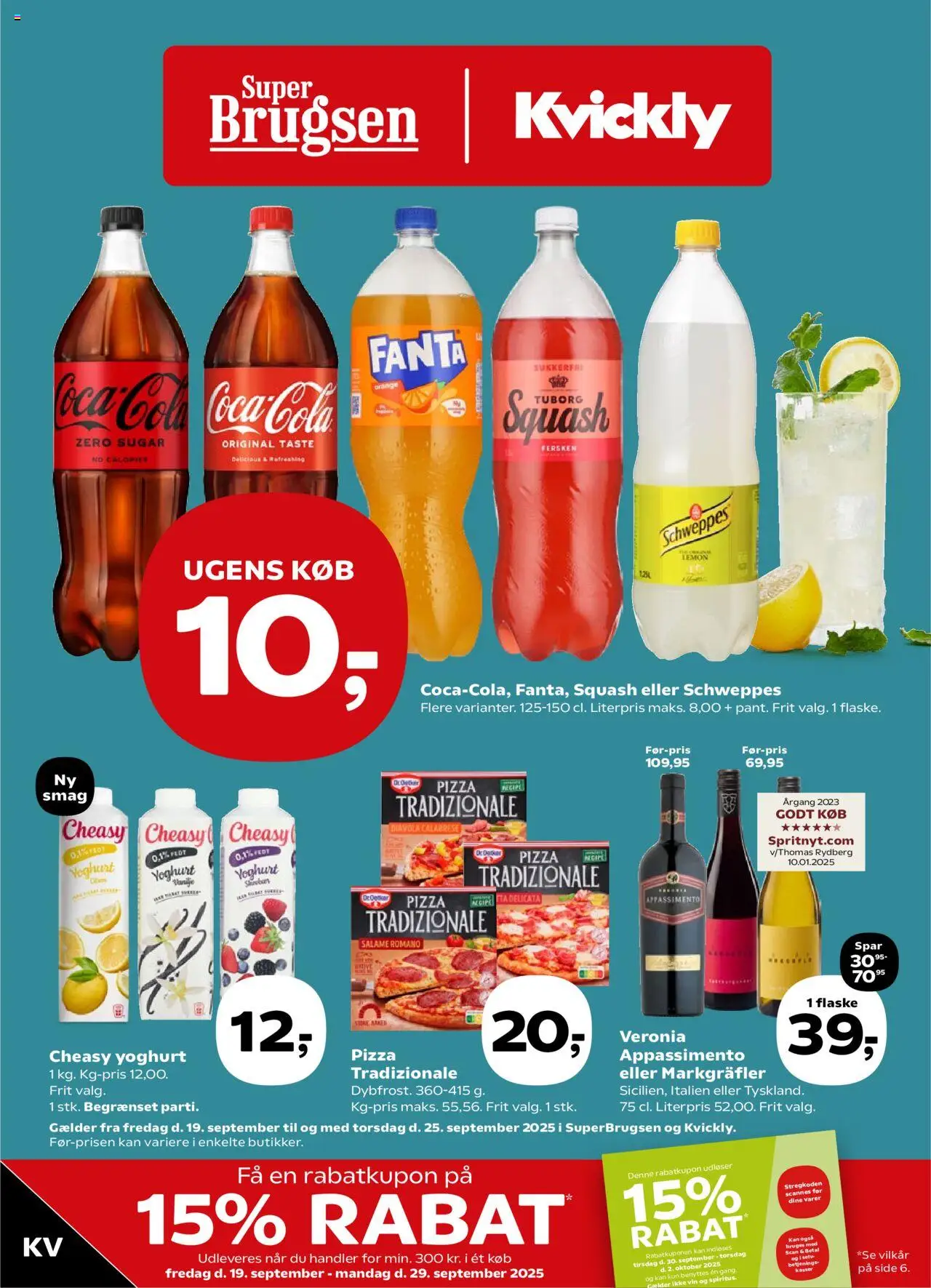 Kvickly tilbudsavis – gyldig fra 19.09.2025 | Side: 1 | Produkter: Pizza, Squash, Fanta, Tuborg Squash