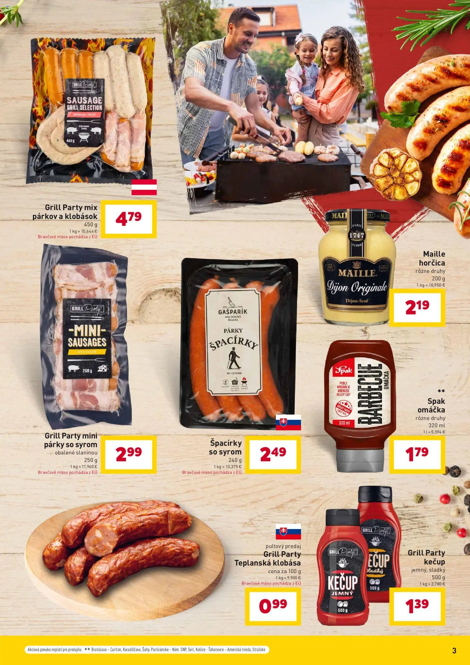 Nové Billa akcie – leták je platný od 07.04.2026 | Strana: 3 | Produkty: Klobása, Bravčové mäso, Kečup, Párky