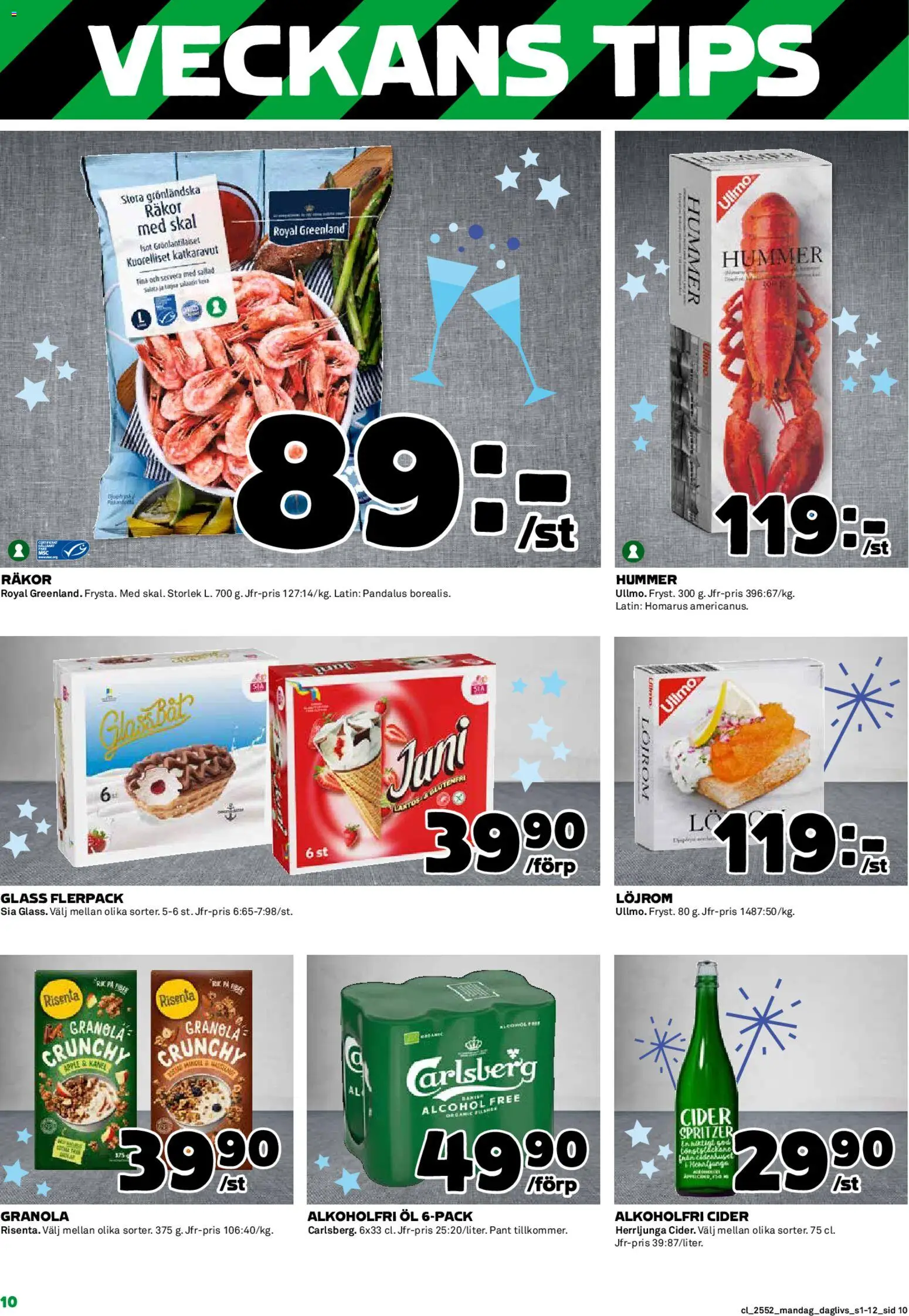 Coop Daglivs reklamblad aktuell från 29.12.2025 | Sida: 10 | Produkter: Räkor, Öl, Granola, Glass