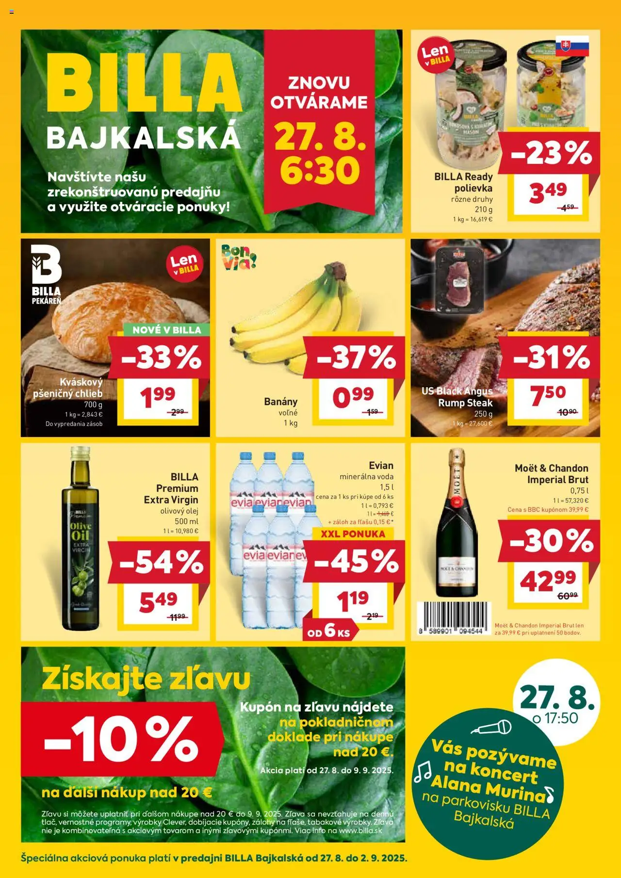 Billa Bajkalská │ platný od 27.08.2025 | Strana: 1 | Produkty: Chlieb, Banány, Minerálna voda, Steak