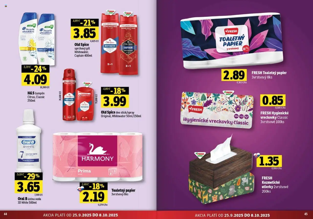 Nové Fresh akcie – leták je platný od 25.09.2025 | Strana: 23 | Produkty: Šampón, Toaletný papier, Ústna voda, Voda