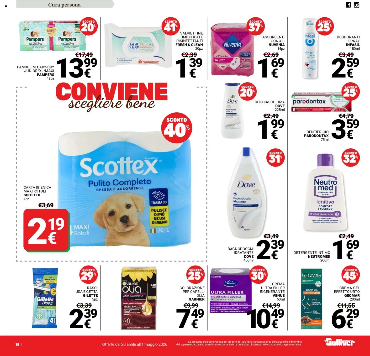 Volantino Gulliver del 20.04.2026 | Pagina: 18 | Prodotti: Pannolini, Carta igienica, Detergente intimo, Intimo