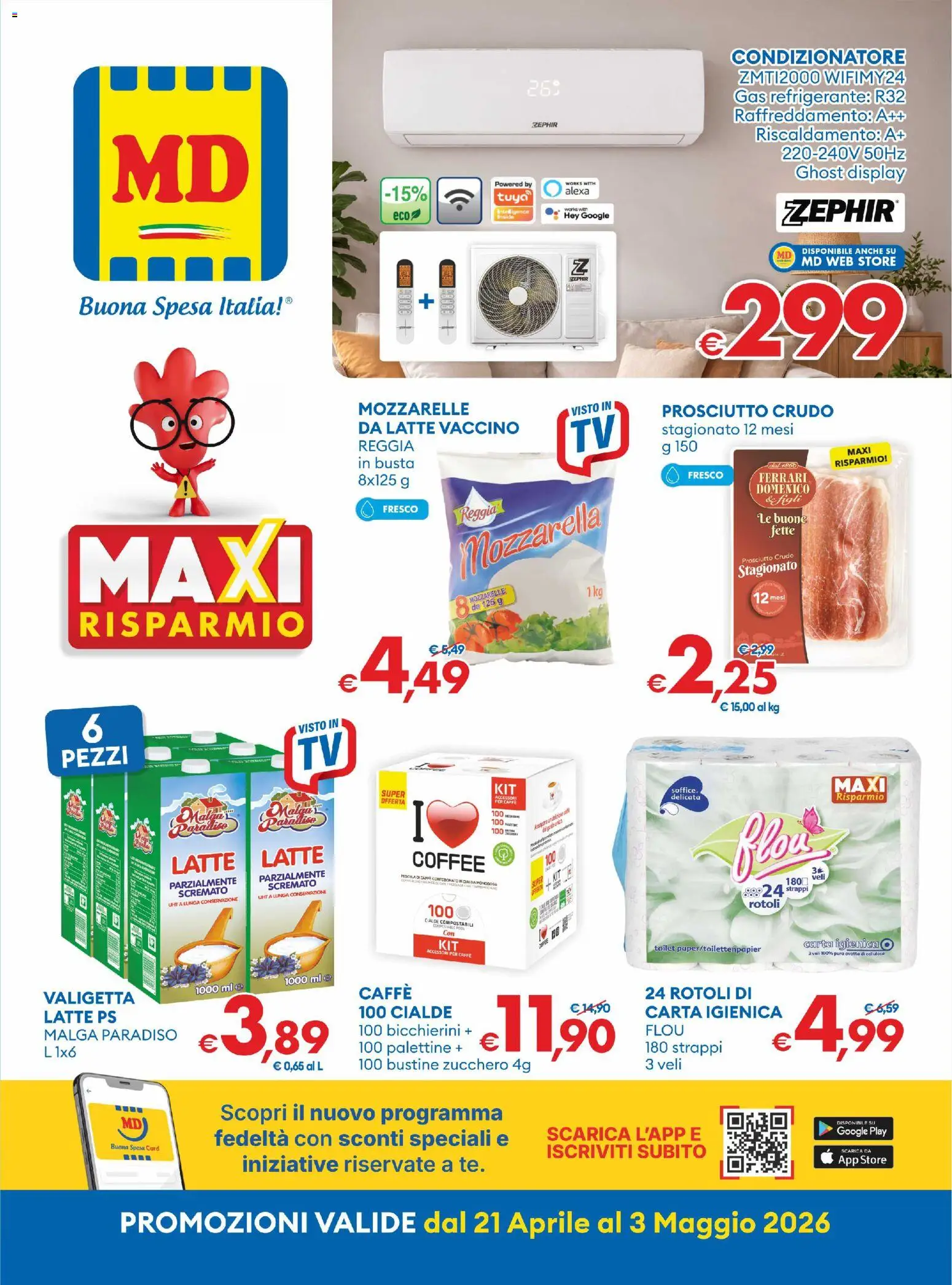 Volantino MD Discount del 21.04.2026 | Pagina: 1 | Prodotti: Carta igienica, Caffè, Prosciutto, Valigetta