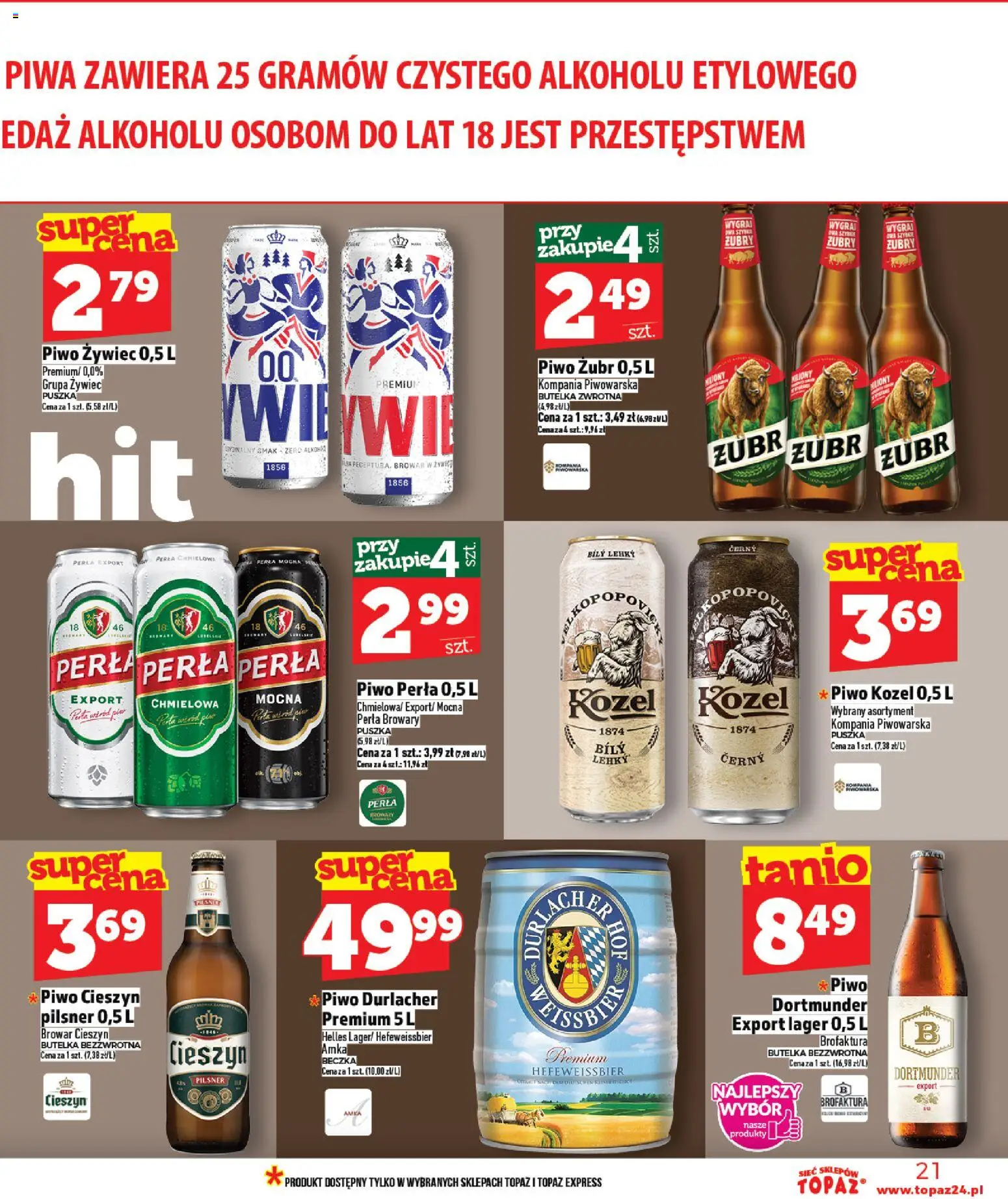 Topaz Gazetka od 29.01.2026 | Strona: 21 | Produkty: Piwo żubr, Piwo perła, Piwo, Piwo kozel