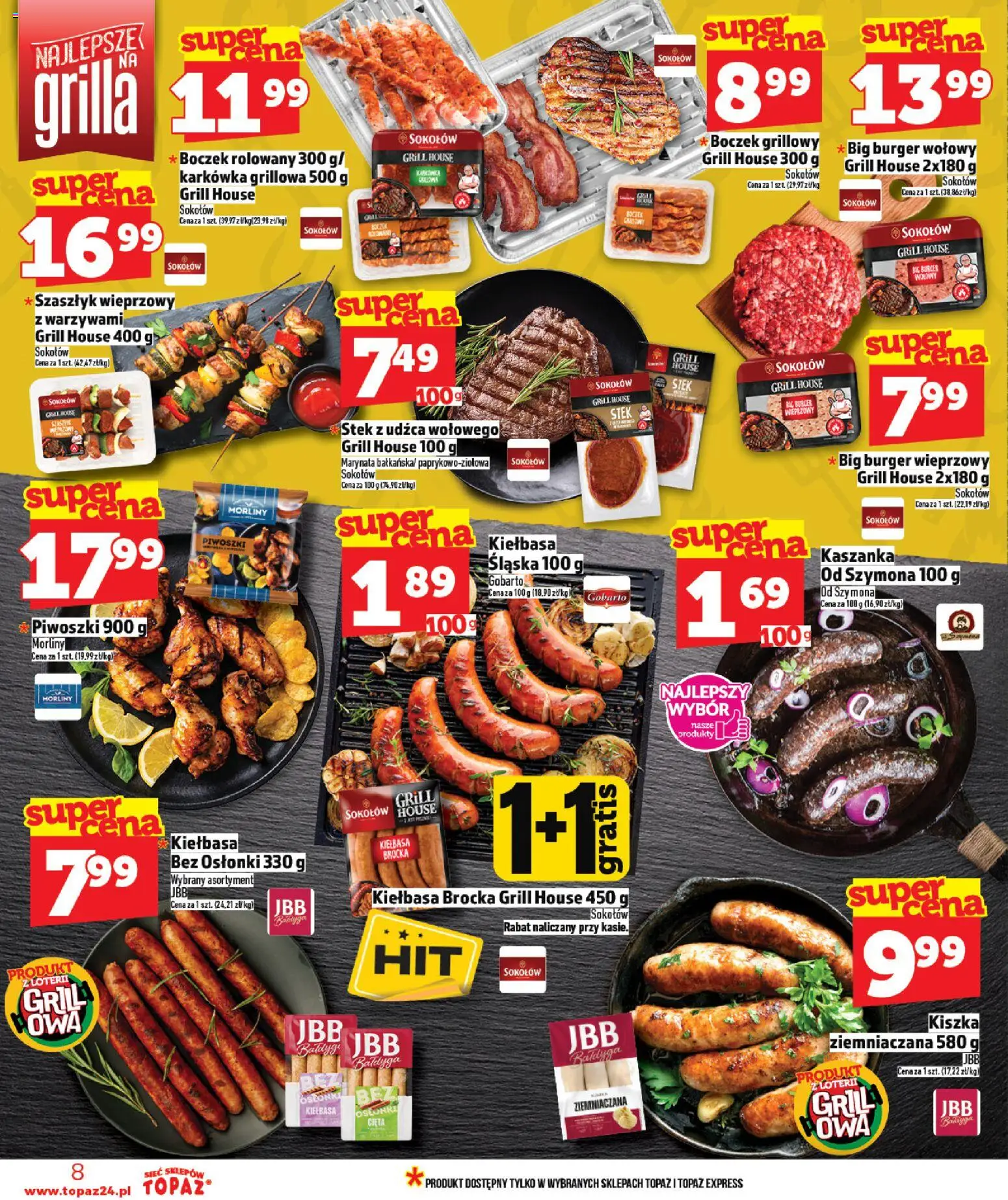 Topaz gazetka - Ceny małe na stałe od 23.04.2026 | Strona: 8 | Produkty: Kiełbasa, Burger wołowy, Grill, Kaszanka