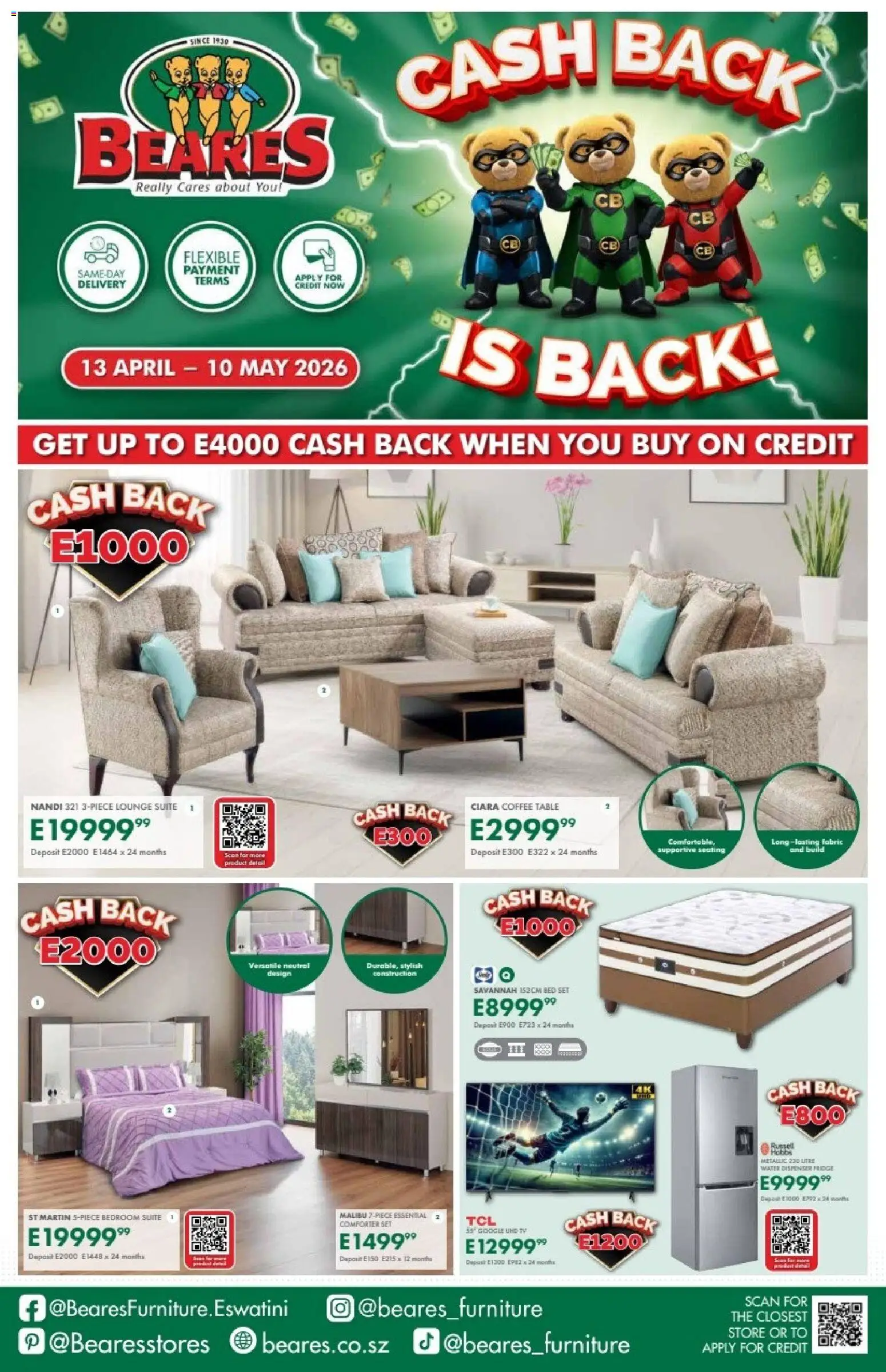 New Beares catalogue – valid from 13.04.2026 | Page: 1 | Products: TV, Lounge suite, Coffee, Water
