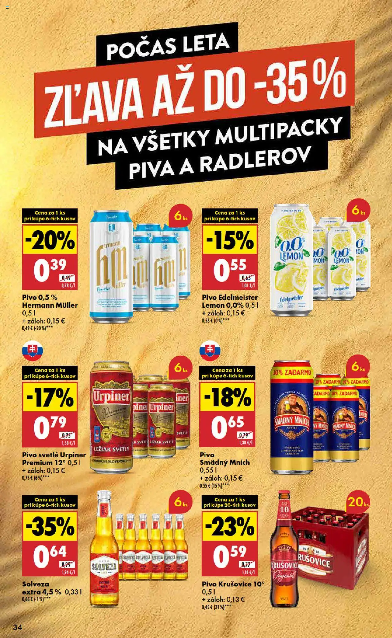 Biedronka leták │ platný od 14.08.2025 | Strana: 34 | Produkty: Pivo, Krušovice, Smädný Mních, Urpiner