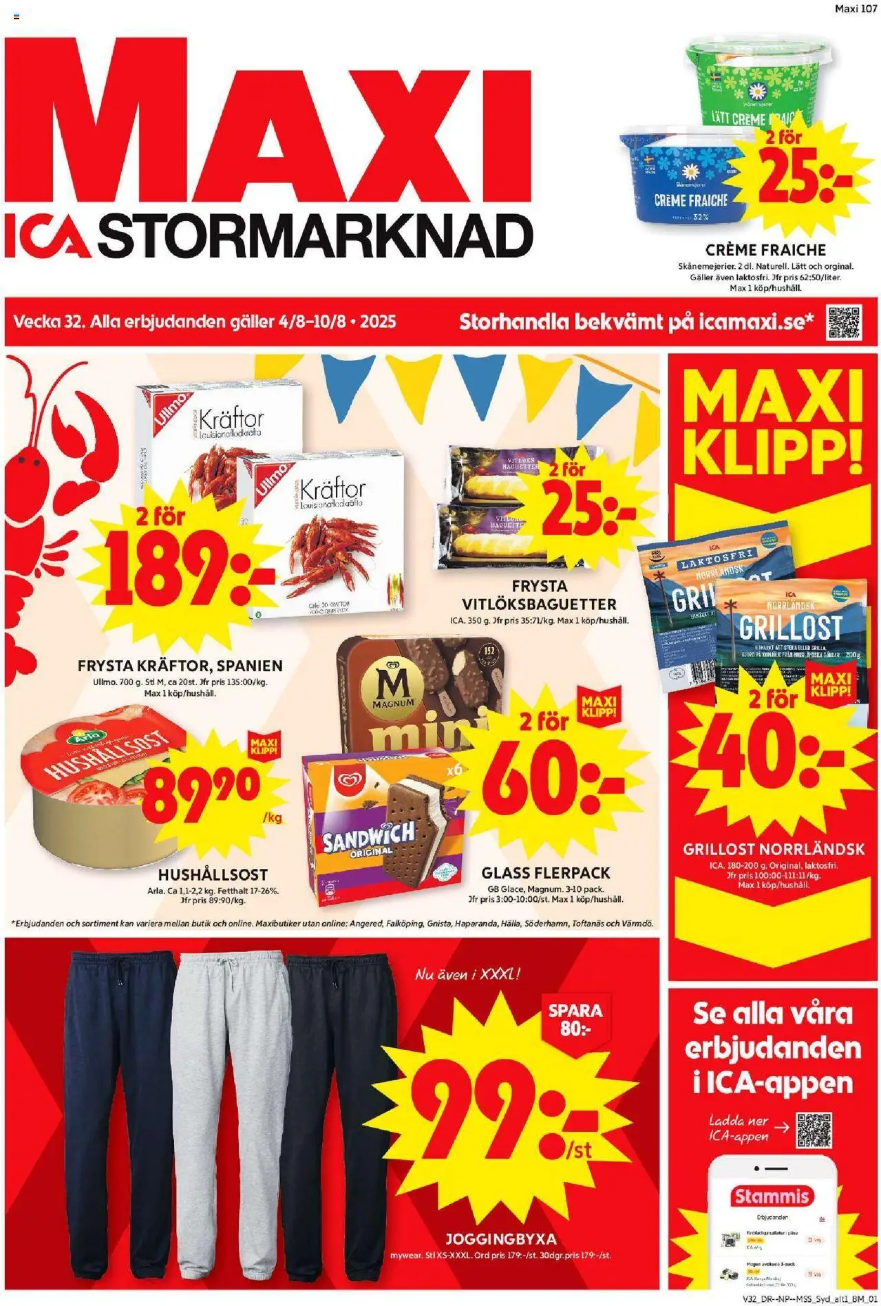 ICA Maxi reklamblad aktuell från 04.08.2025 | Sida: 1 | Produkter: Baguette, Kräftor, Grillost, Hushållsost