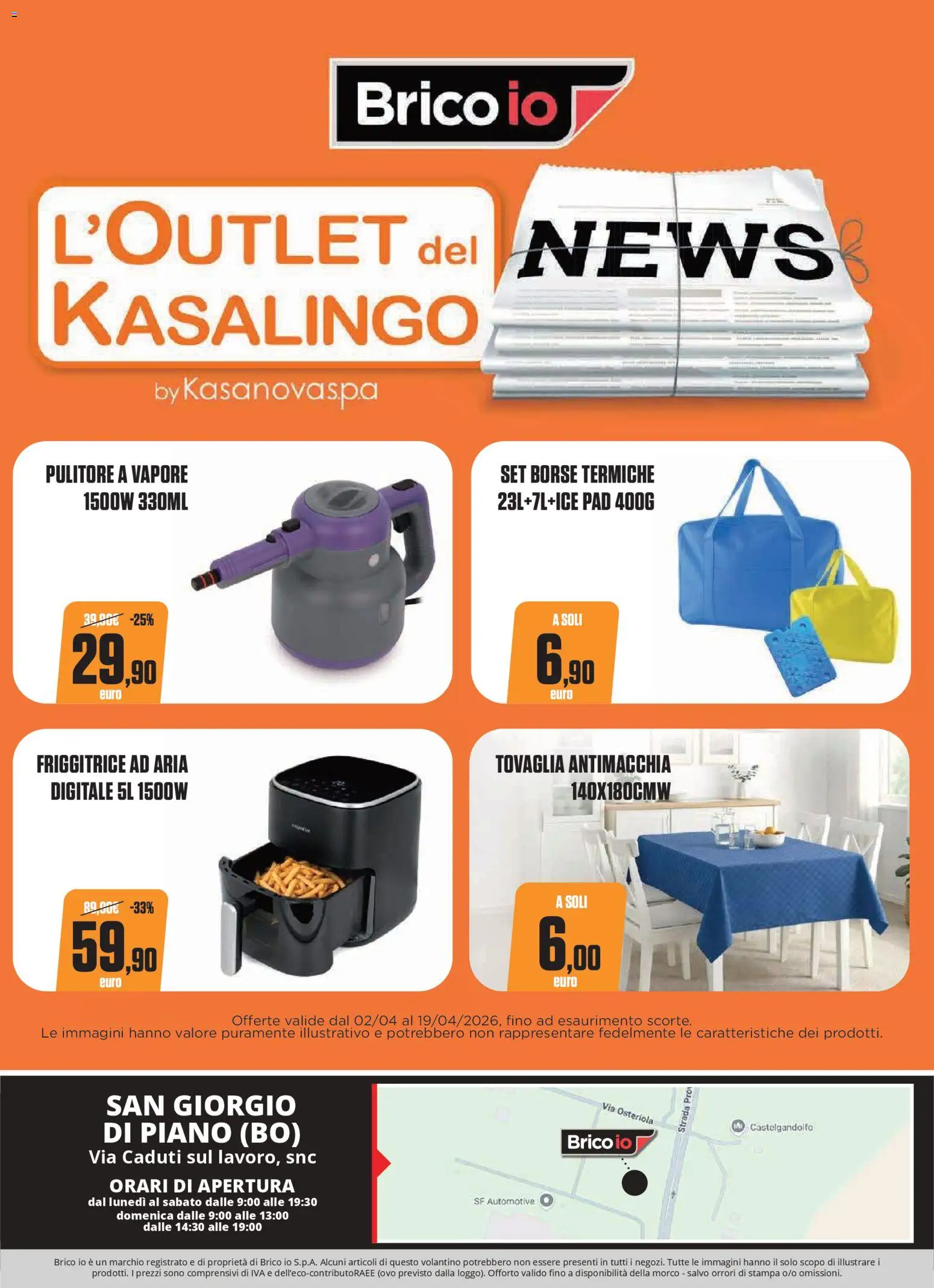 Volantino Brico io del 02.04.2026 | Pagina: 19 | Prodotti: Friggitrice ad aria, Pulitore a vapore, Stampa, Tovaglia