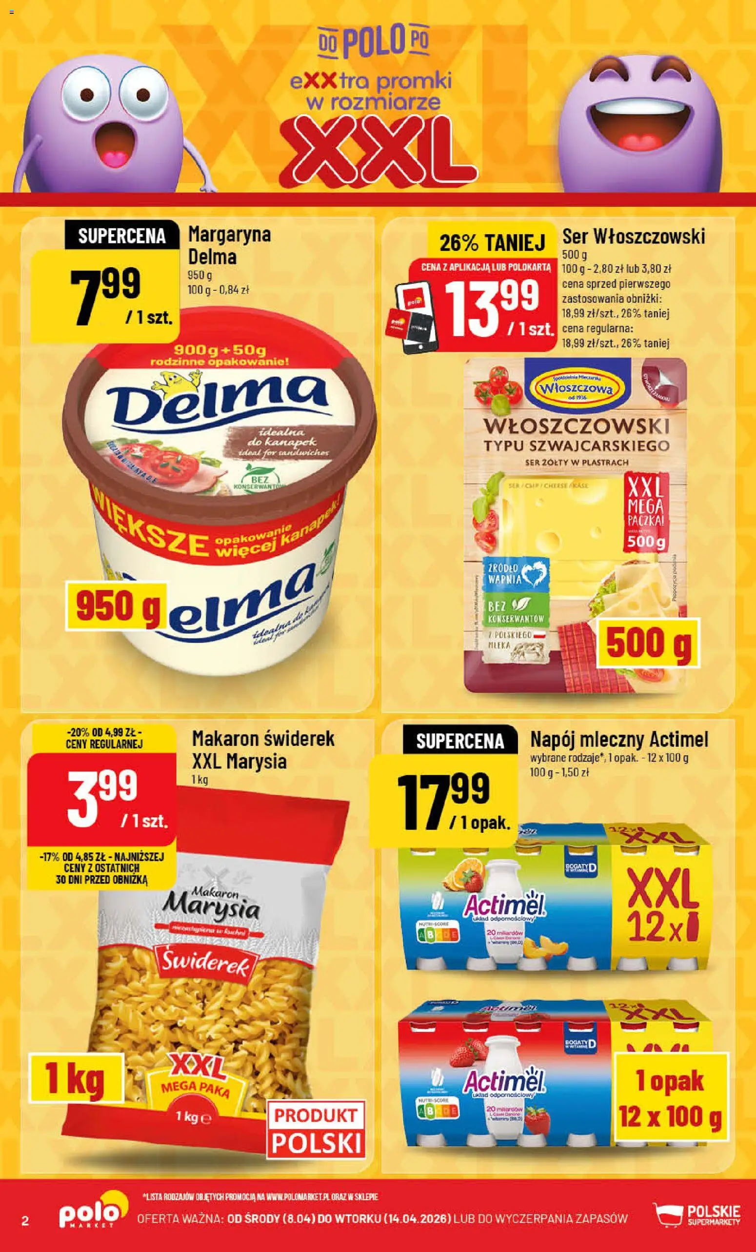 POLOmarket gazetka od 08.04.2026 | Strona: 2 | Produkty: Ser żółty, Mleka, Margaryna, Makaron