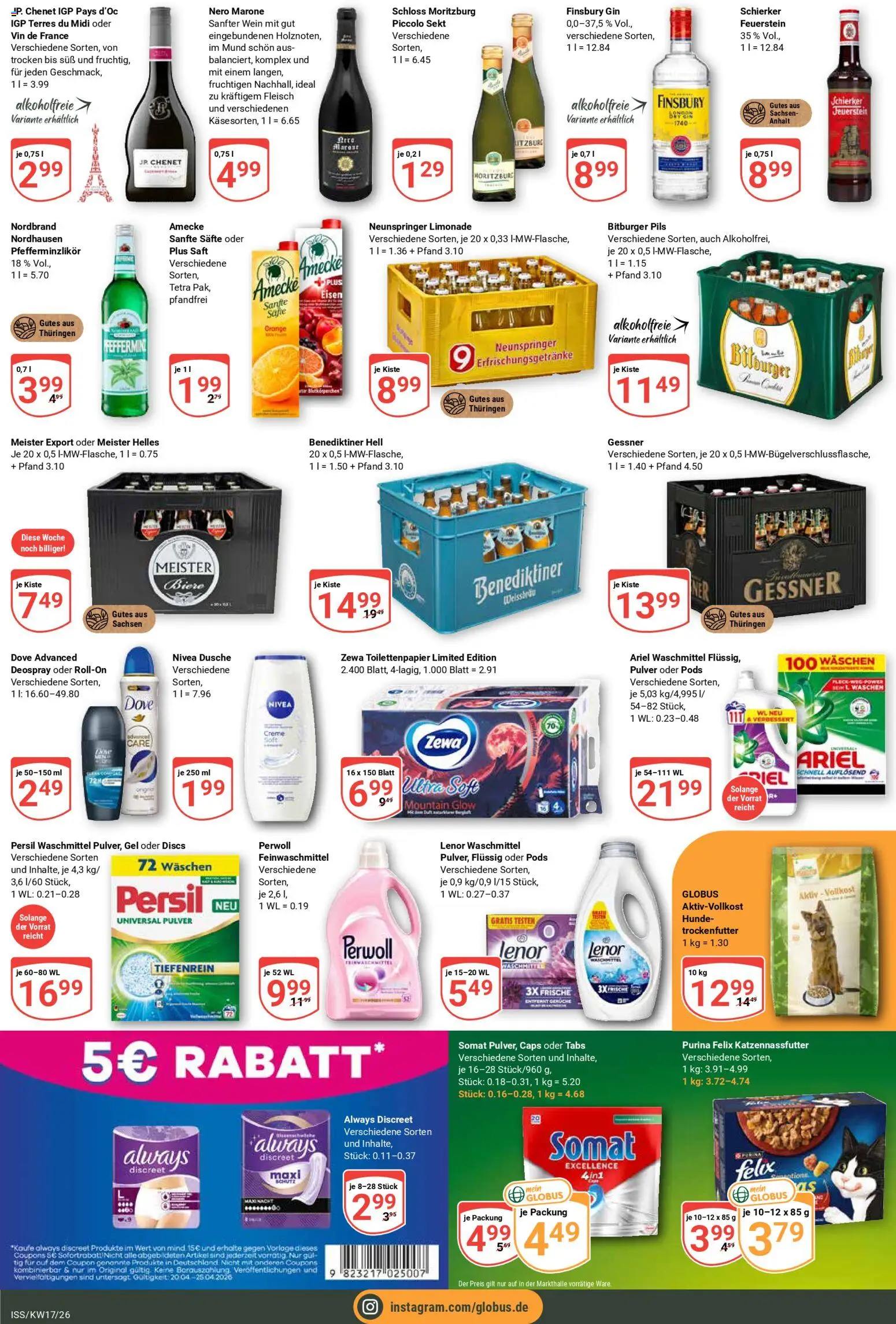Globus Prospekt 	 – gültig ab 20.04.2026 | Seite: 5 | Produkte: Ariel, Limonade, Wein, Toilettenpapier