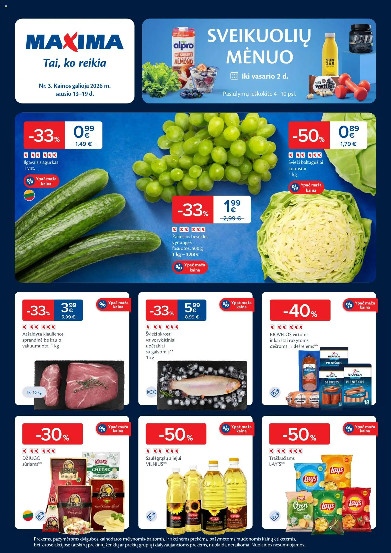 MAXIMA akcijos nuo 13.01.2026 | Puslapis: 1 | Prekių: Kiaulienos, Vynuogės, Dešrelės, Aliejus