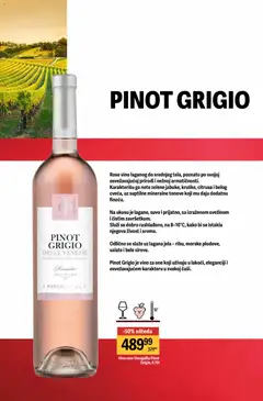 Vino rose Vinogallia Pinot Grigio, 0.75l, Rose vino laganog do srednjeg tela, poznato po svojoj osvežavajućoj prirodi i nežnoj armatičnosti. Karakterišu ga note zelene jabuke, kruške, citrusa i belog cveća, uz suptilne mineralne tonove koji mu daju dodatnu finoću. - pregled Mega Maxi kataloga - važi od 02.04.2026 | Strana: 18