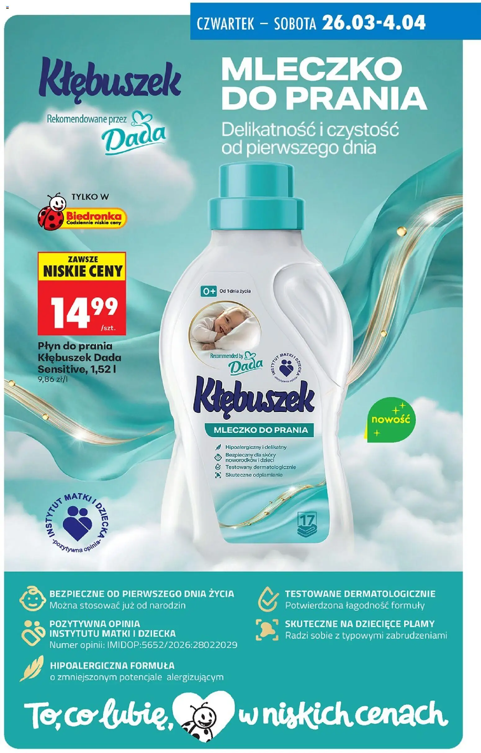 Biedronka gazetka - Drogeria od 26.03.2026 | Strona: 3 | Produkty: Płyn do prania Kłębuszek, Detergent