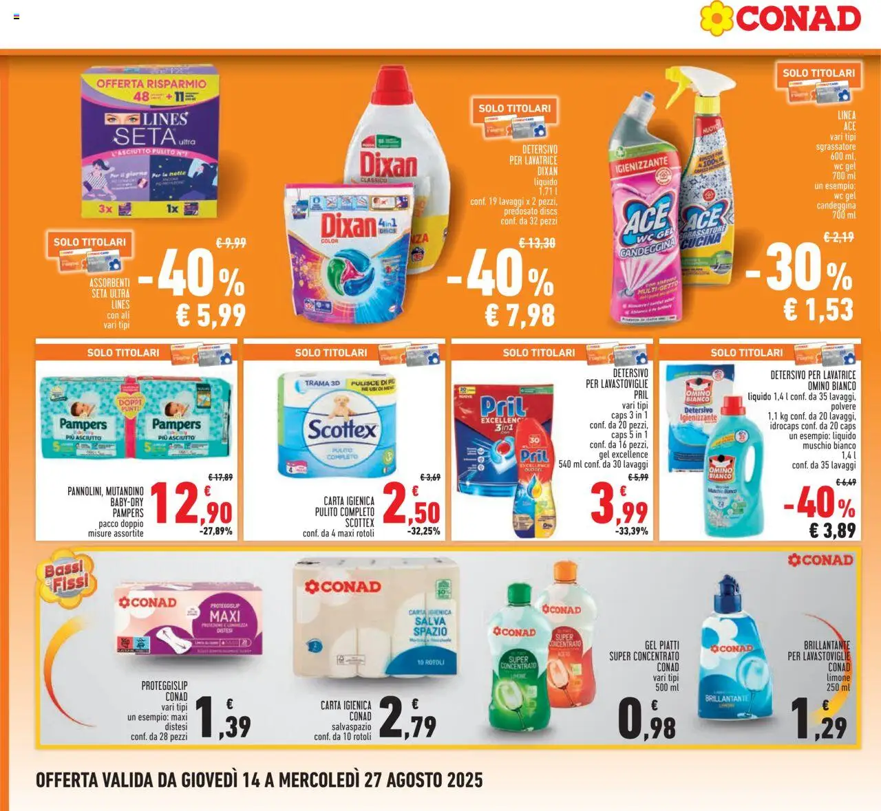 Volantino Conad del 14.08.2025 | Pagina: 18 | Prodotti: Carta igienica, Sgrassatore, Lavatrice, Pampers