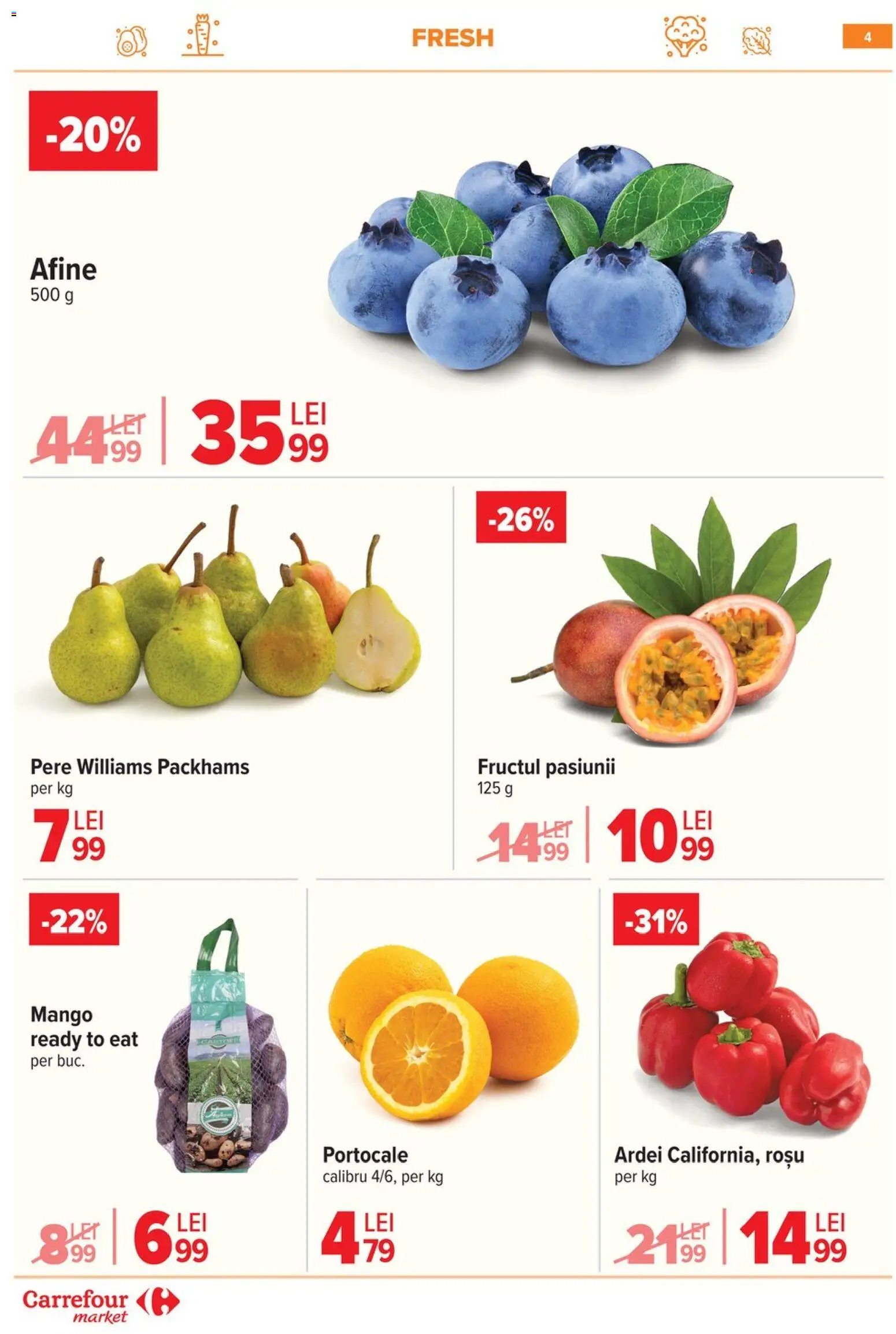Noul catalog Carrefour – valabil de la 29.04.2026 | Pagină: 4 | Produse: Afine, Ardei, Portocale, Mango