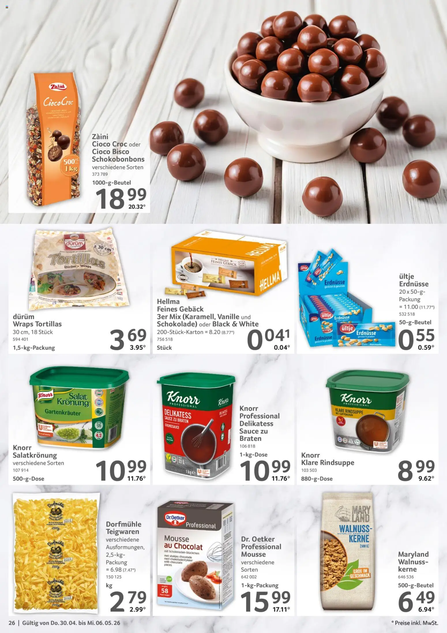 Selgros Prospekt 	 – gültig ab 30.04.2026 | Seite: 26 | Produkte: Ultje erdnusse, Schokolade, Knorr, Salat