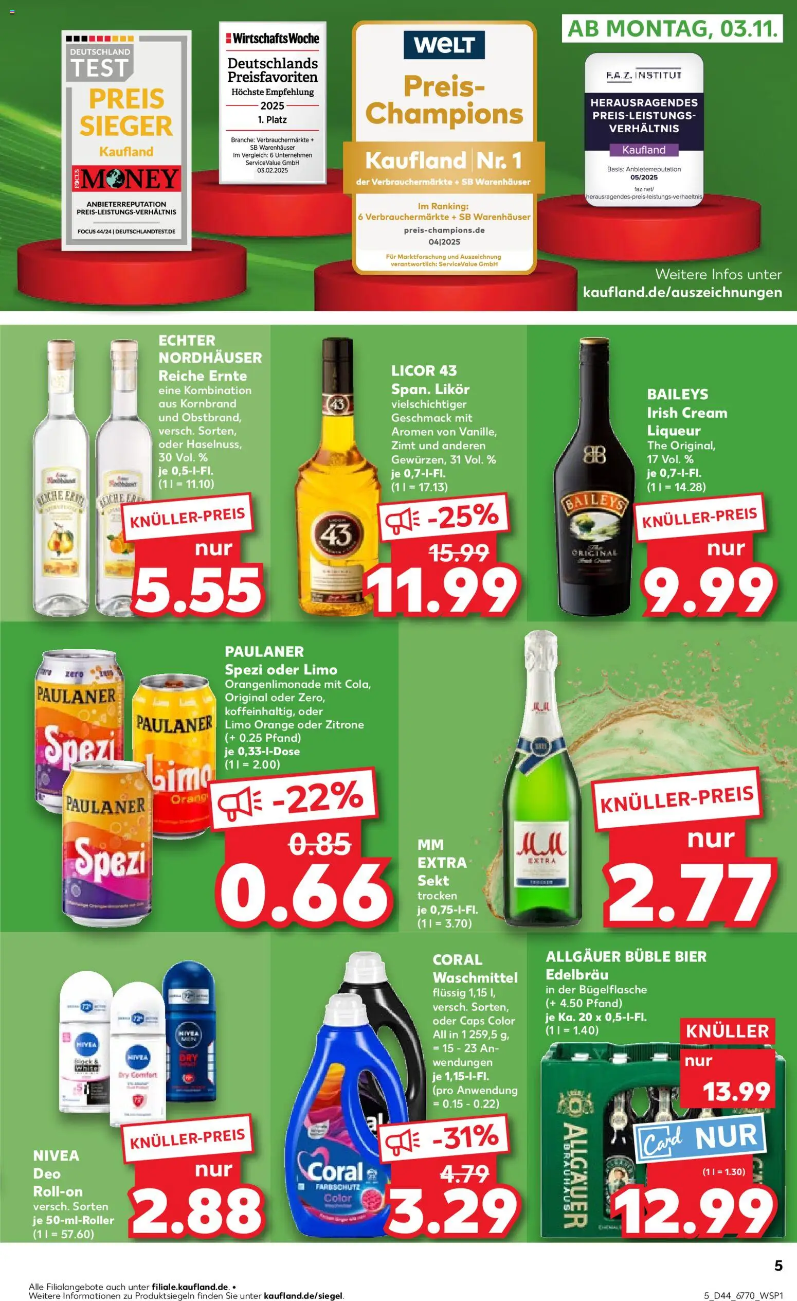Kaufland prospekt Bremen	 – gültig ab 02.11.2025 | Seite: 5 | Produkte: Paulaner spezi, Coral waschmittel, Deodorant, Baileys