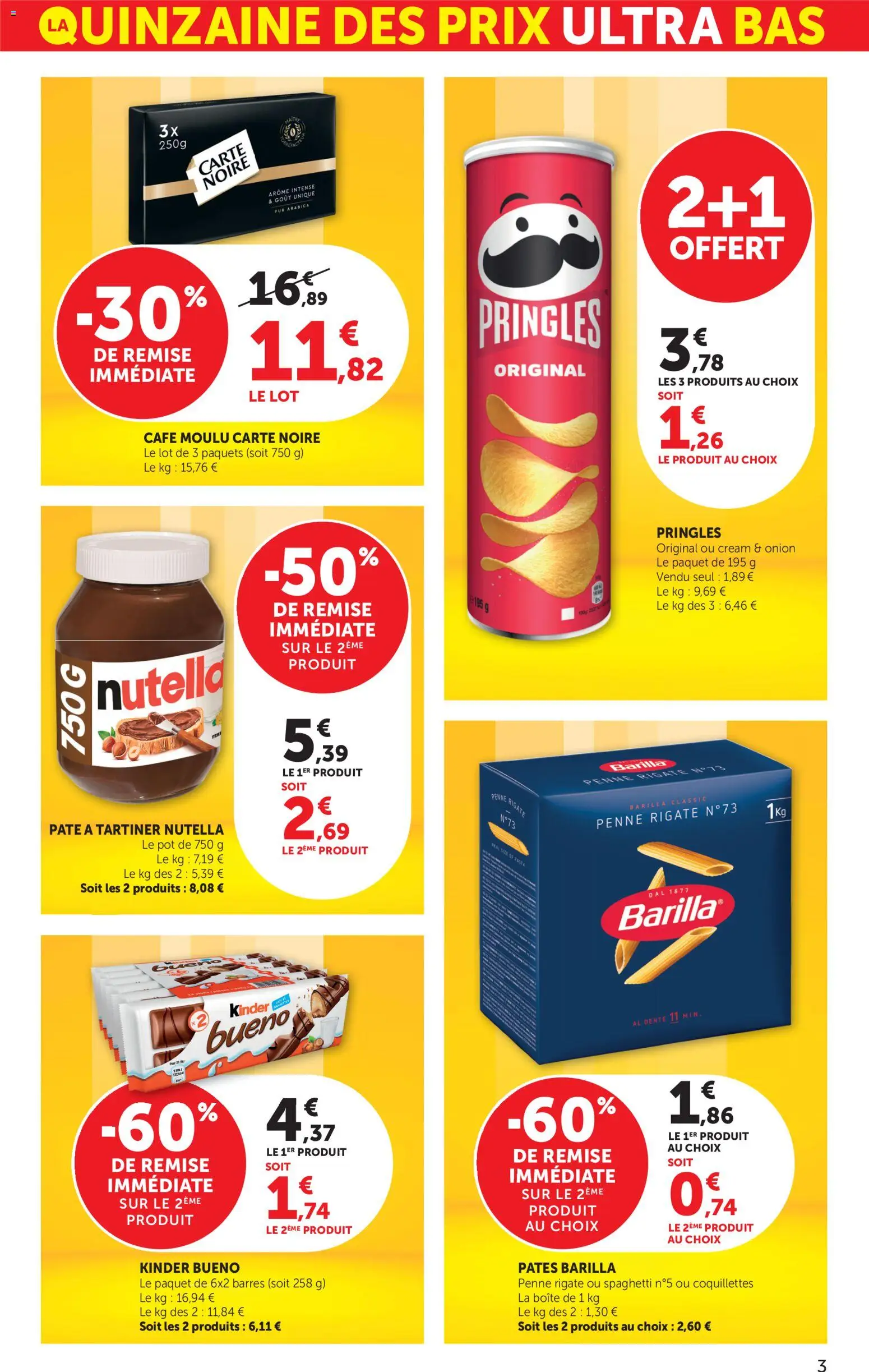 {H1} | Page: 3 | Produits: Spaghetti, Kinder Bueno, Coquillettes, Pâtes