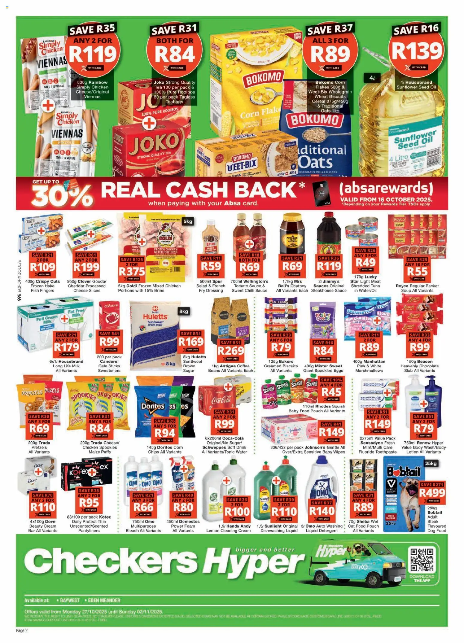 New Checkers catalogue – valid from 27.10.2025 | Page: 2 | Products: Tuna, Cream, Toothpaste, Cat food