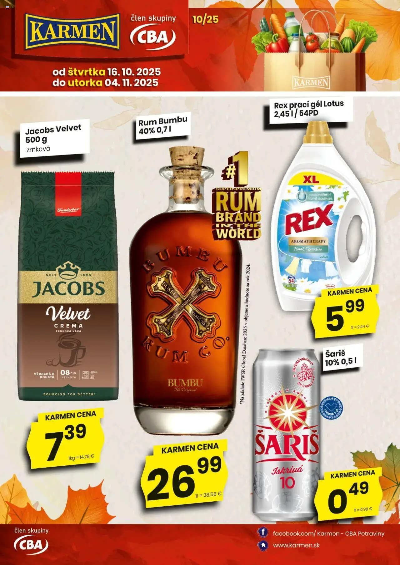 Nové KARMEN CBA akcie – leták je platný od 16.10.2025 | Strana: 1 | Produkty: Jacobs Velvet, Káva, Šariš, Rum