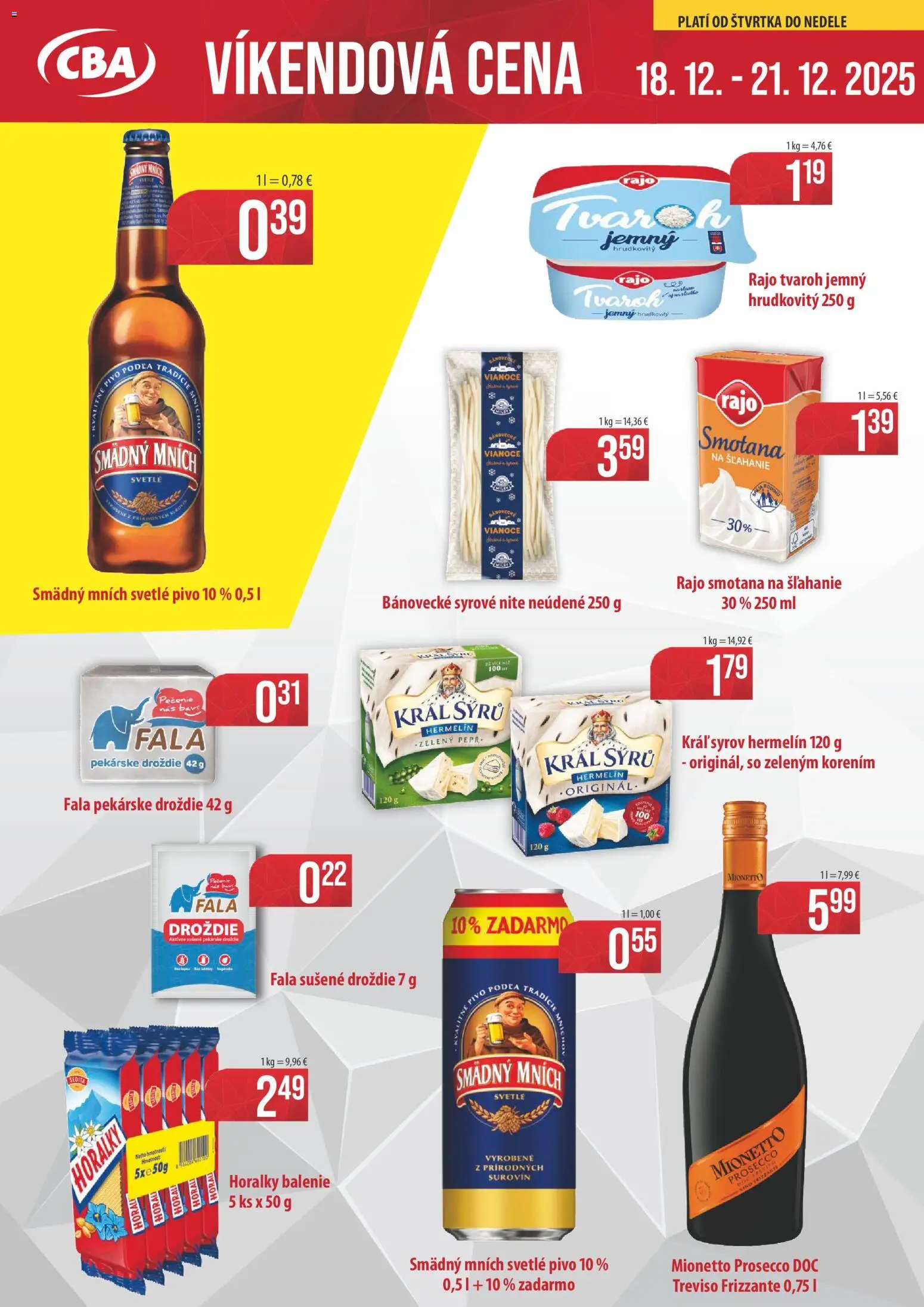 Nové CBA Verex akcie – leták je platný od 18.12.2025 | Strana: 1 | Produkty: Pivo, Tvaroh, Smotana na šľahanie, Horálky