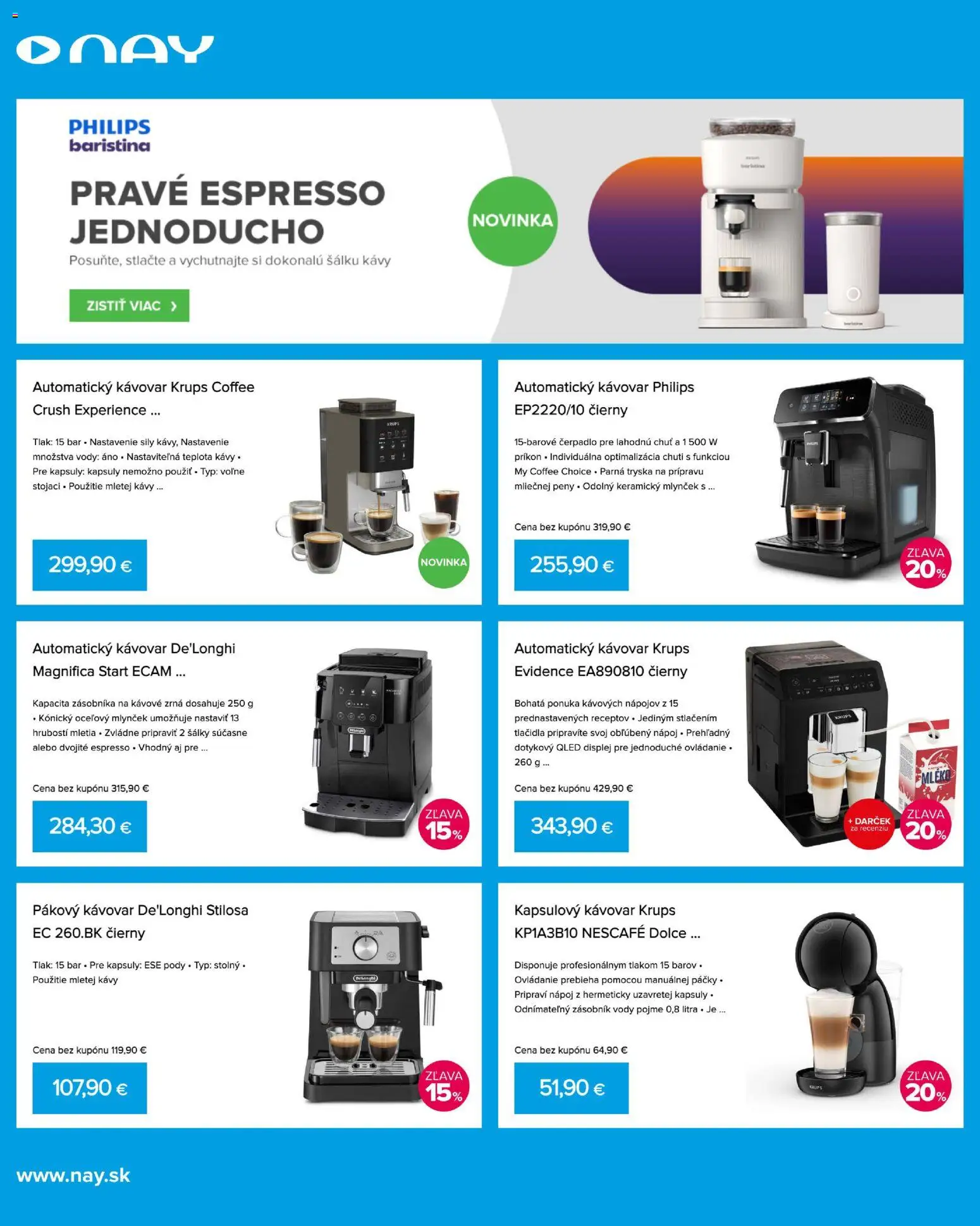 Nové NAY Elektrodom akcie – leták je platný od 13.04.2026 | Strana: 12 | Produkty: Kapsulový kávovar, Automatický kávovar, Čerpadlo, Pákovy kávovar