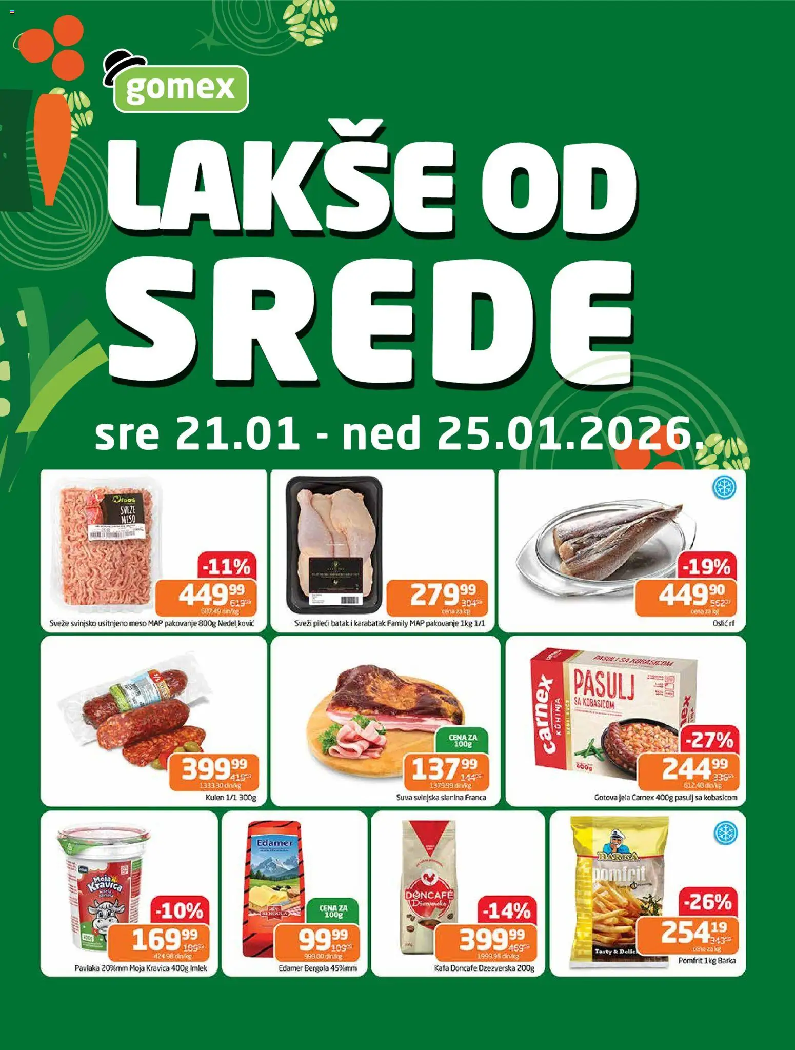 Gomex katalog - važi od 21.01.2026 | Strana: 1 | Proizvode: Moja kravica, Pakovanje, Kafa, Slanina