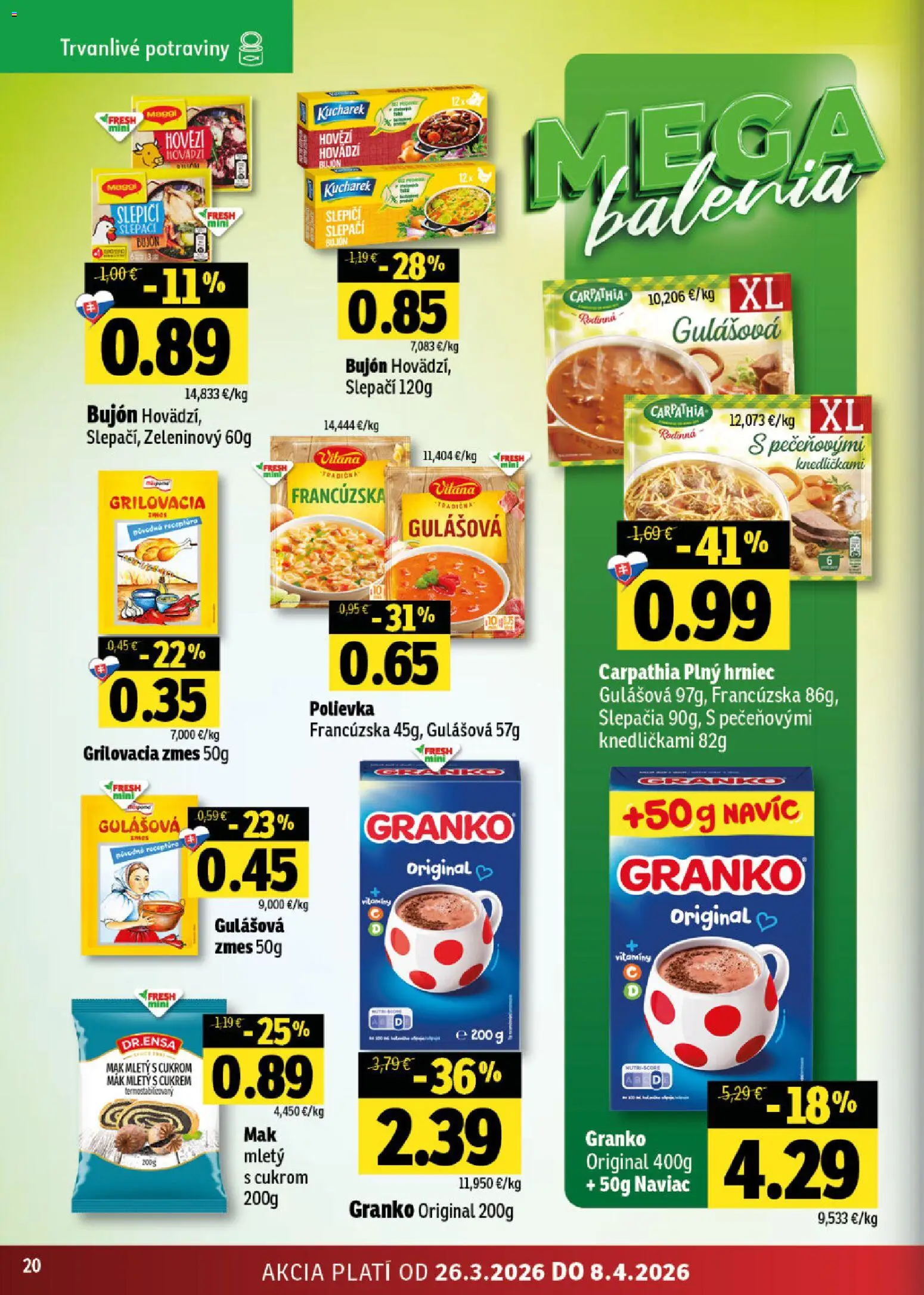 Nové Fresh akcie – leták je platný od 26.03.2026 | Strana: 20 | Produkty: Bujón, Granko, Mak