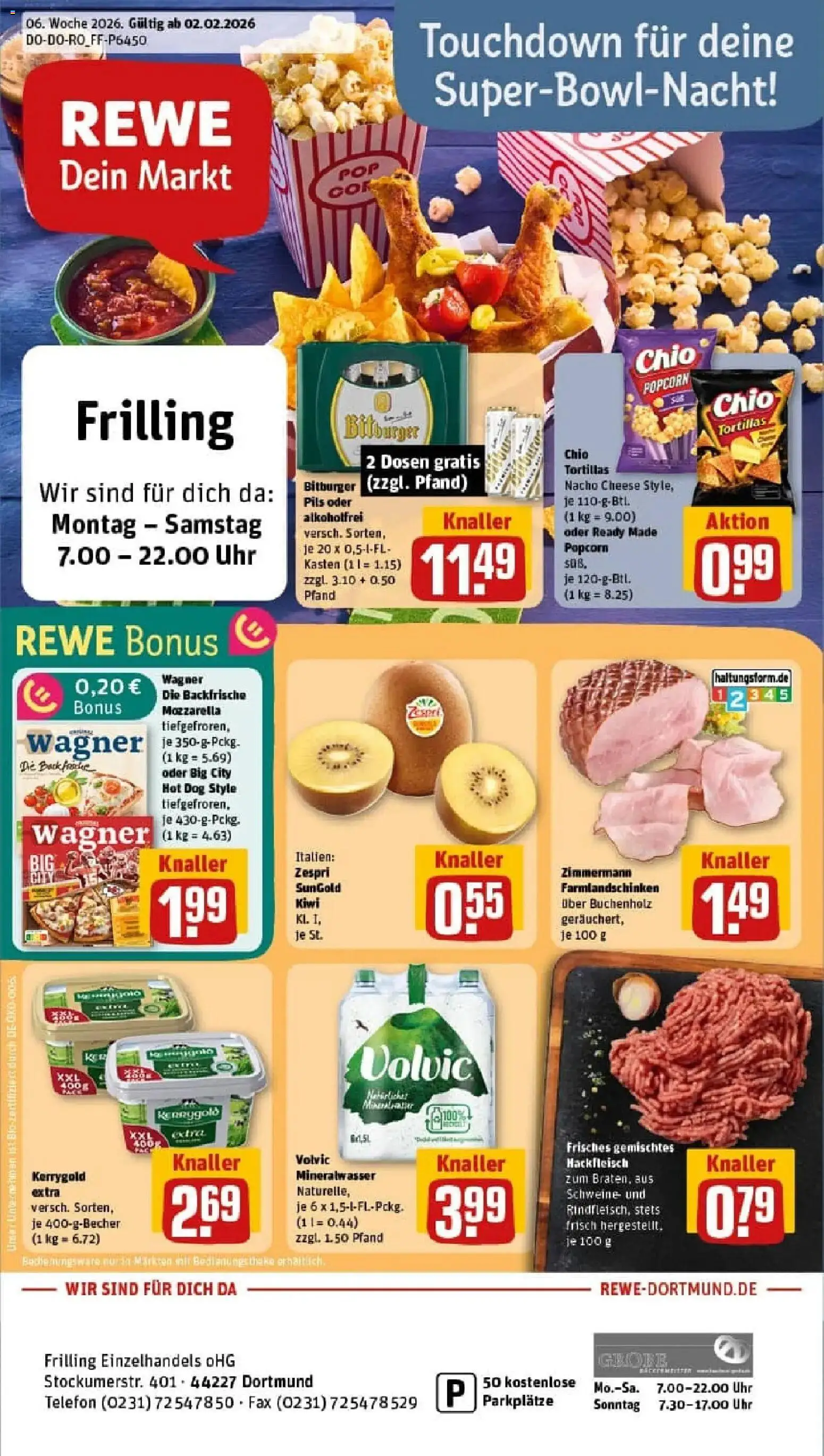 Rewe prospekt Dortmund	 – gültig ab 02.02.2026 | Seite: 1 | Produkte: Mozzarella, Chips, Volvic, Telefon