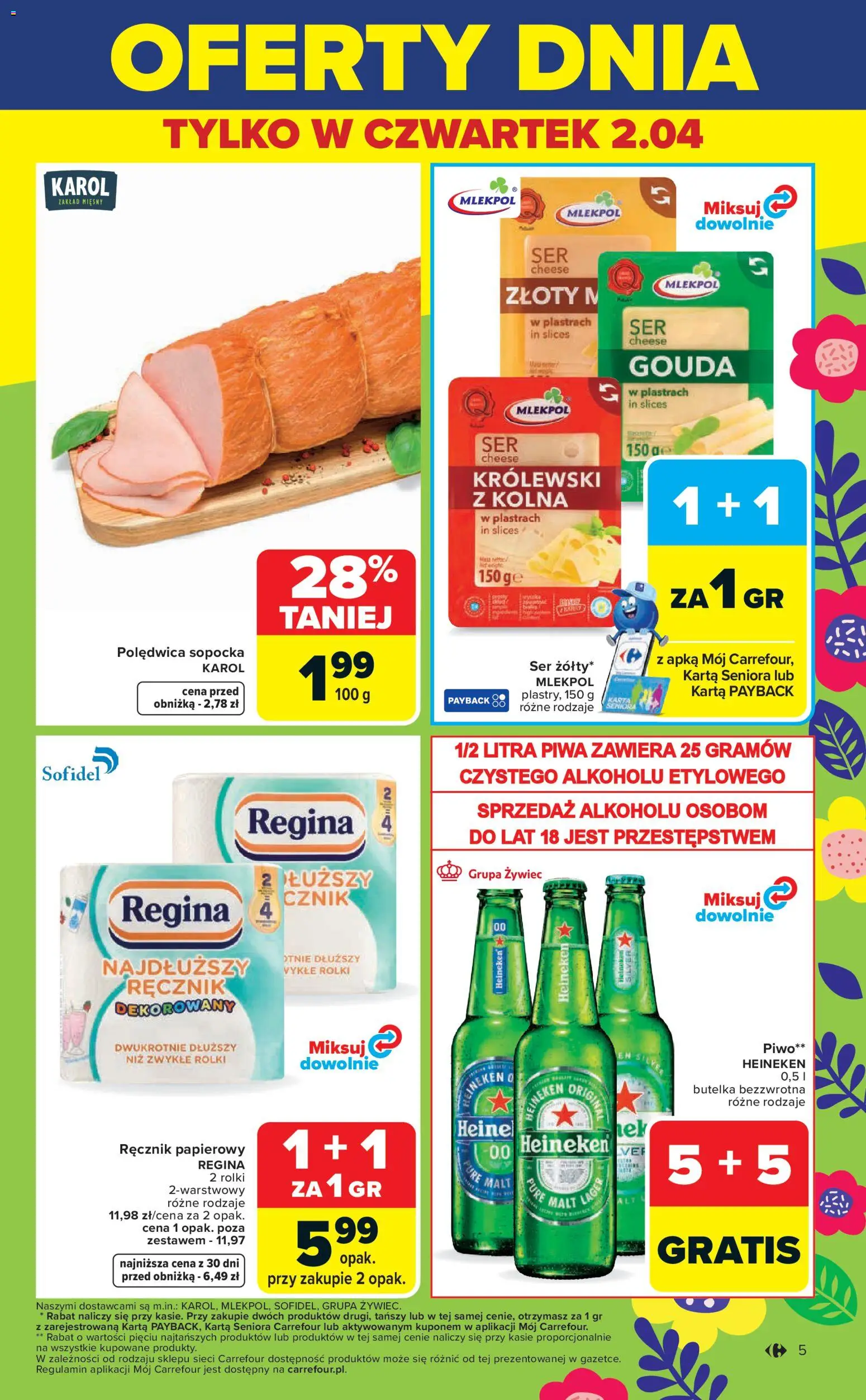 Carrefour gazetka - Świąteczne Okazje Już Od Środy od 01.04.2026 | Strona: 5 | Produkty: Karta, Piwo, Ręcznik papierowy, Heineken