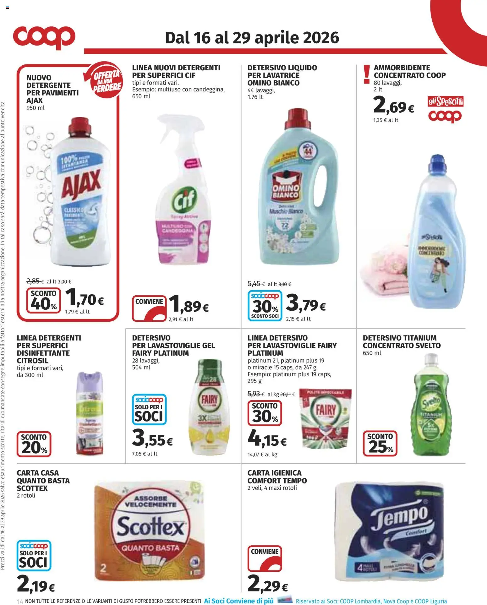 Volantino COOP del 16.04.2026 | Pagina: 14 | Prodotti: Carta igienica, Ammorbidente, Detergente, Lavastoviglie