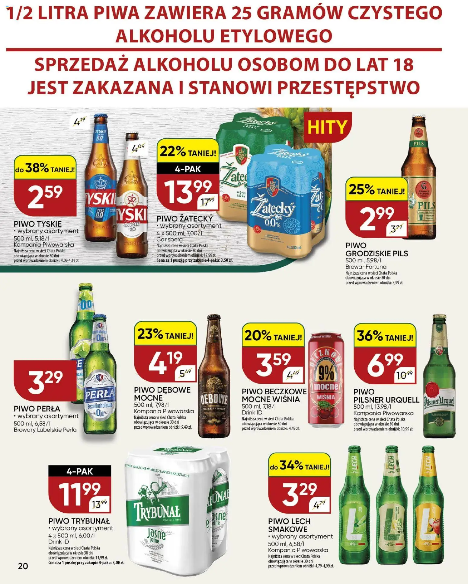 Chata Polska gazetka od 09.04.2026 | Strona: 20 | Produkty: Leżak, Piwo perła, Tyskie, Piwo