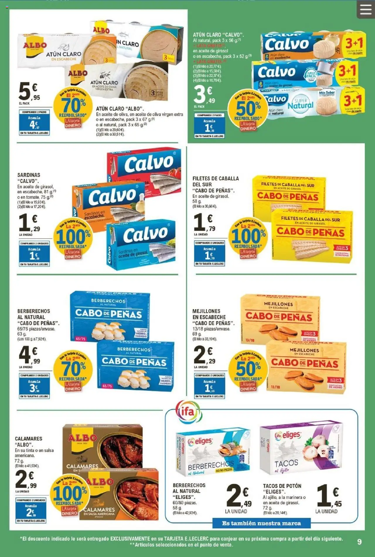 E.Leclerc folleto │ válido desde el 13.08.2025 | Página: 9 | Productos: Calamares, Berberechos, Aceite de girasol, Atún claro