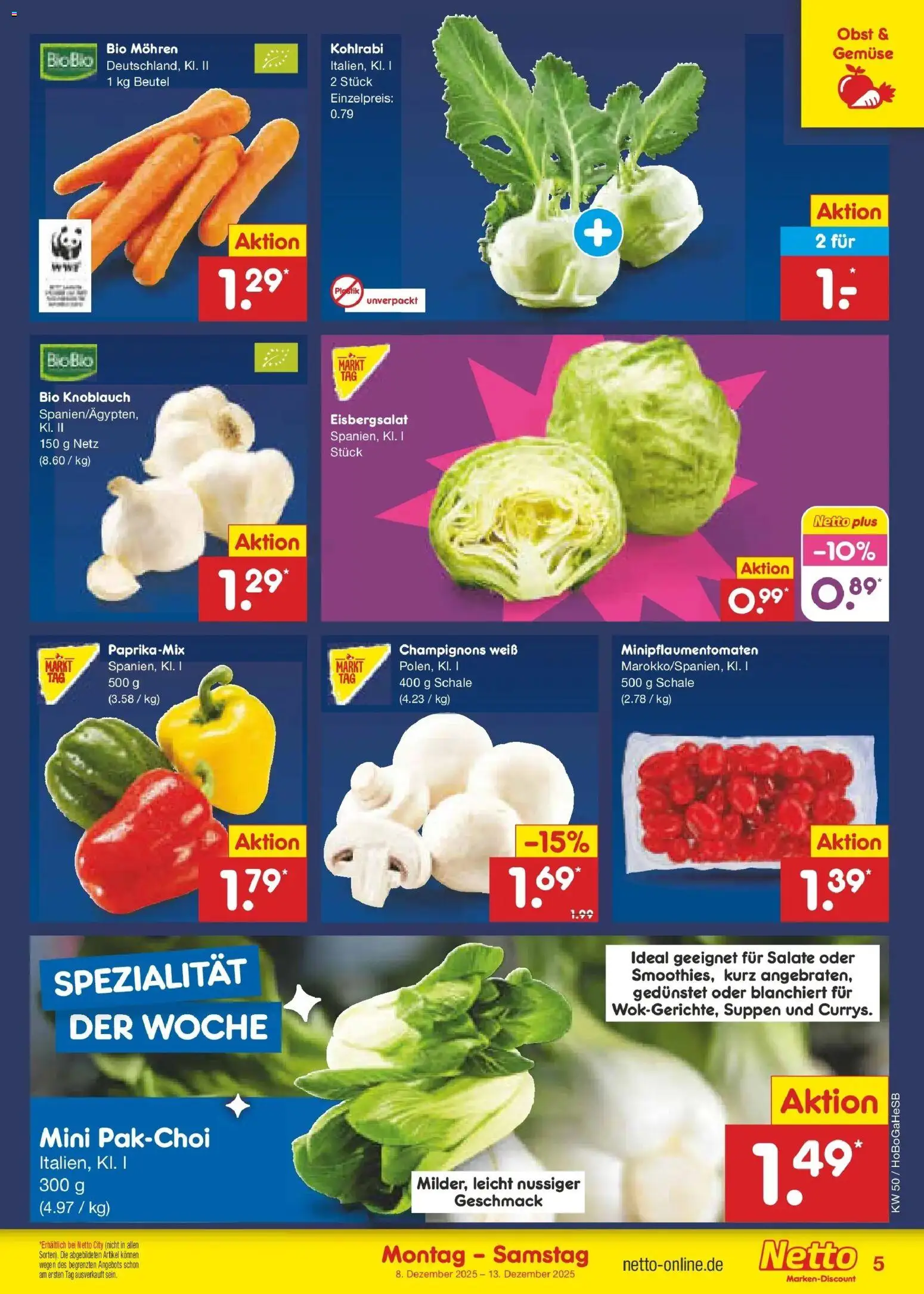 Netto Marken-Discount Prospekt 	 – gültig ab 08.12.2025 | Seite: 5 | Produkte: Kohlrabi, Eisbergsalat, Mohren, Champignons