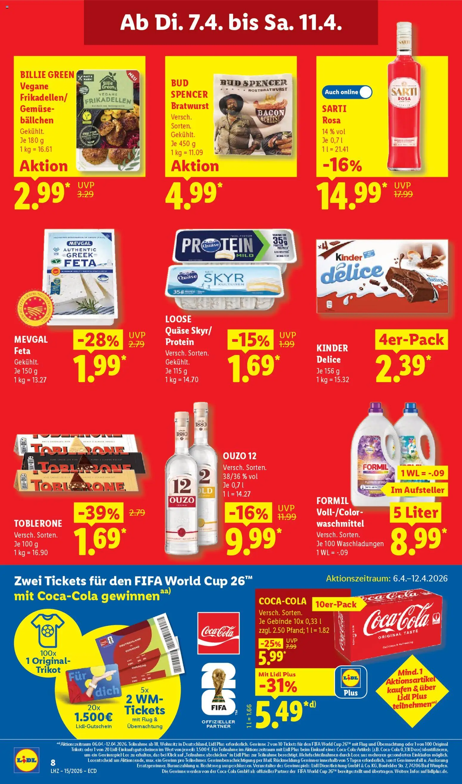 Lidl Německo leták od 07.04.2026 | Strana: 14 | Produkty: Toblerone, Kinder, Feta, Cola