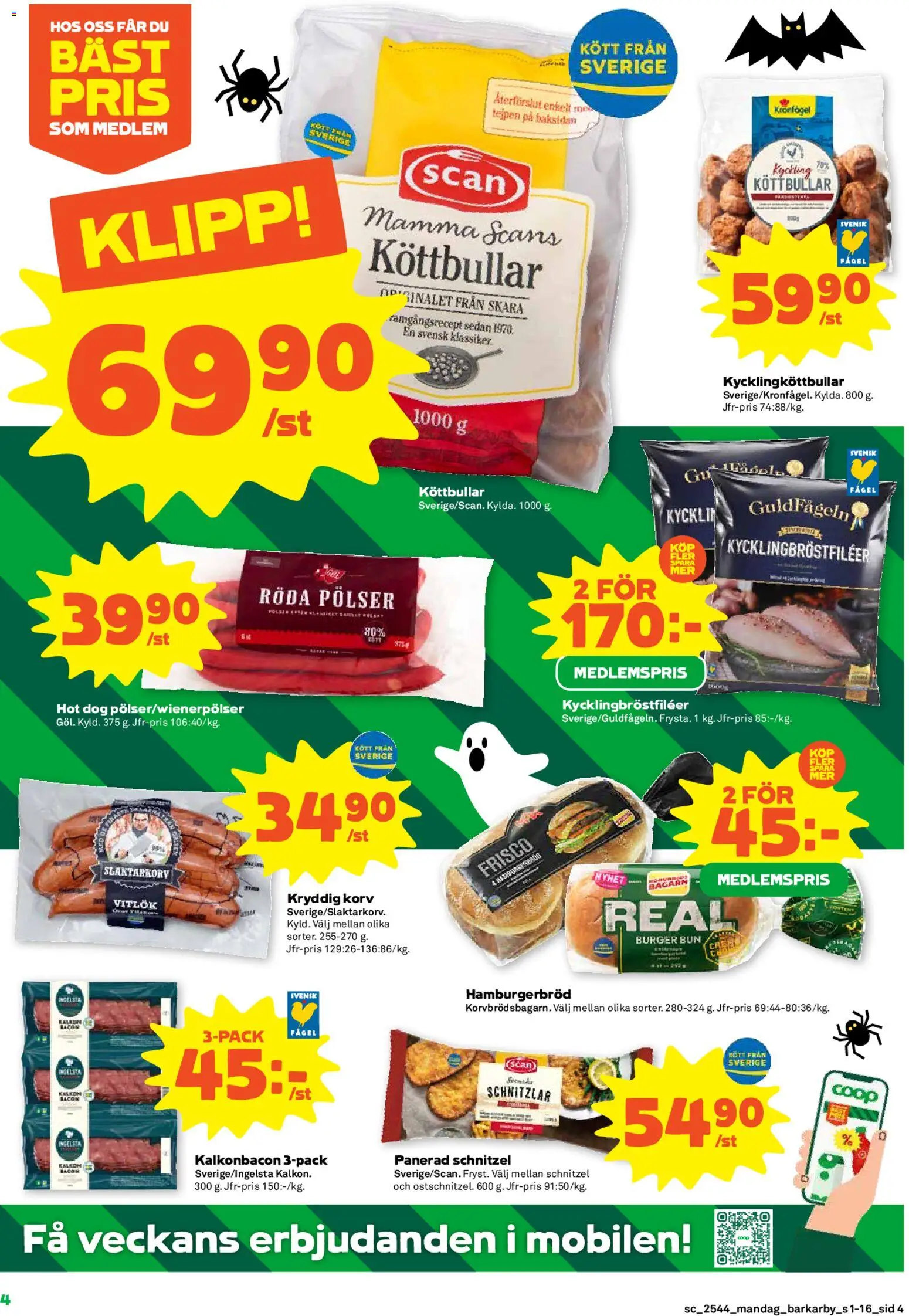 Coop Forum reklamblad aktuell från 27.10.2025 | Sida: 4 | Produkter: Köttbullar, Bacon, Hamburgerbröd, Vitlök