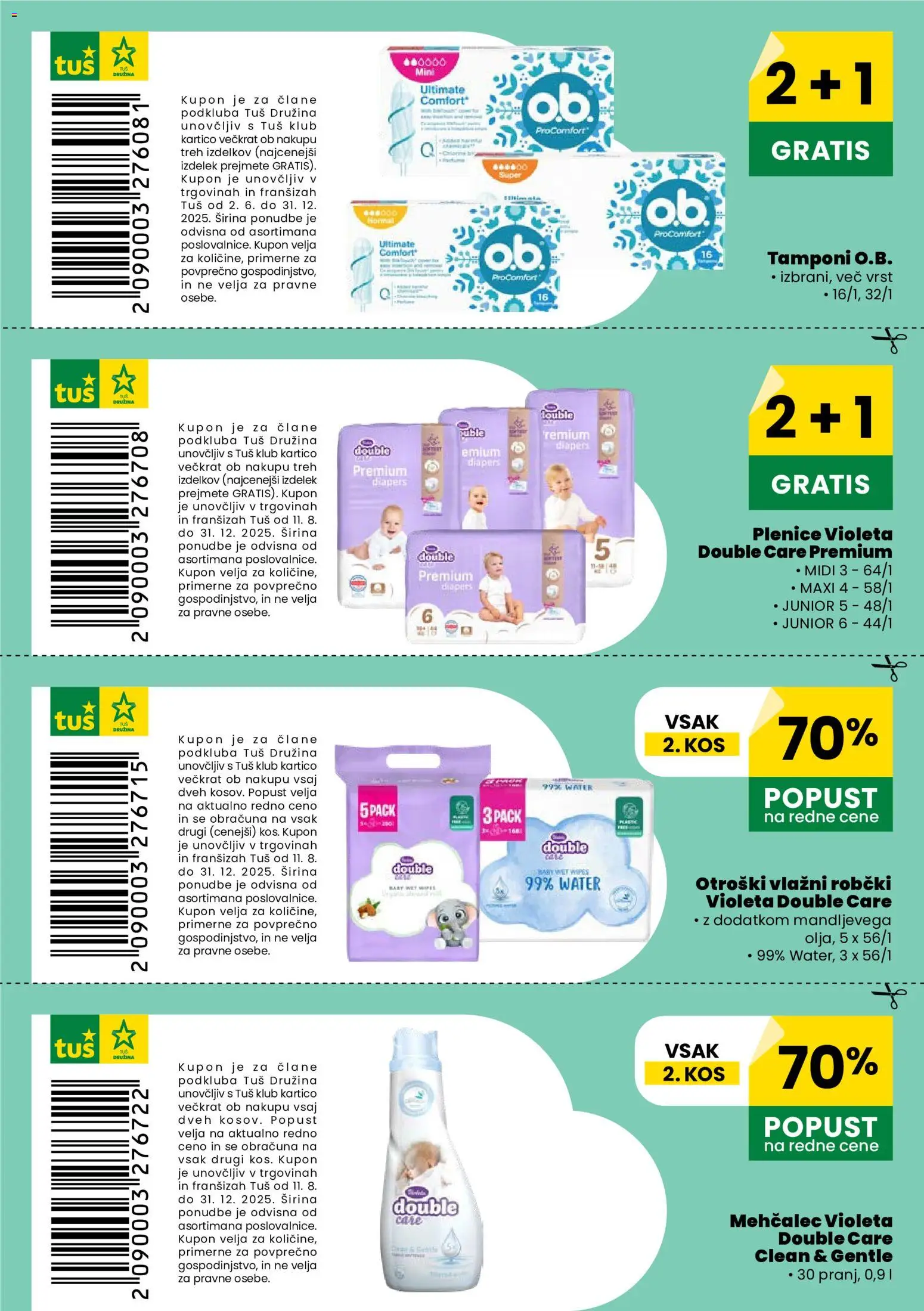Novi Tuš katalog ponudbe – veljaven od 02.06.2025 | Stran: 7 | Izdelki: Plenice, Mehčalec, Robčki, Tamponi