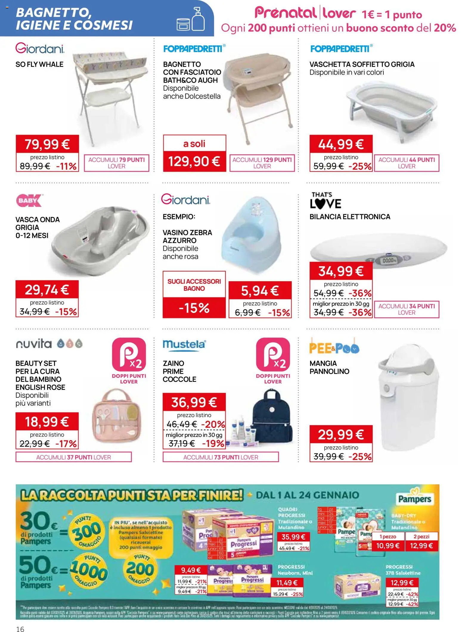 Volantino Prenatal del 09.01.2026 | Pagina: 16 | Prodotti: Pampers, Bagnetto, Bilancia, Bagno