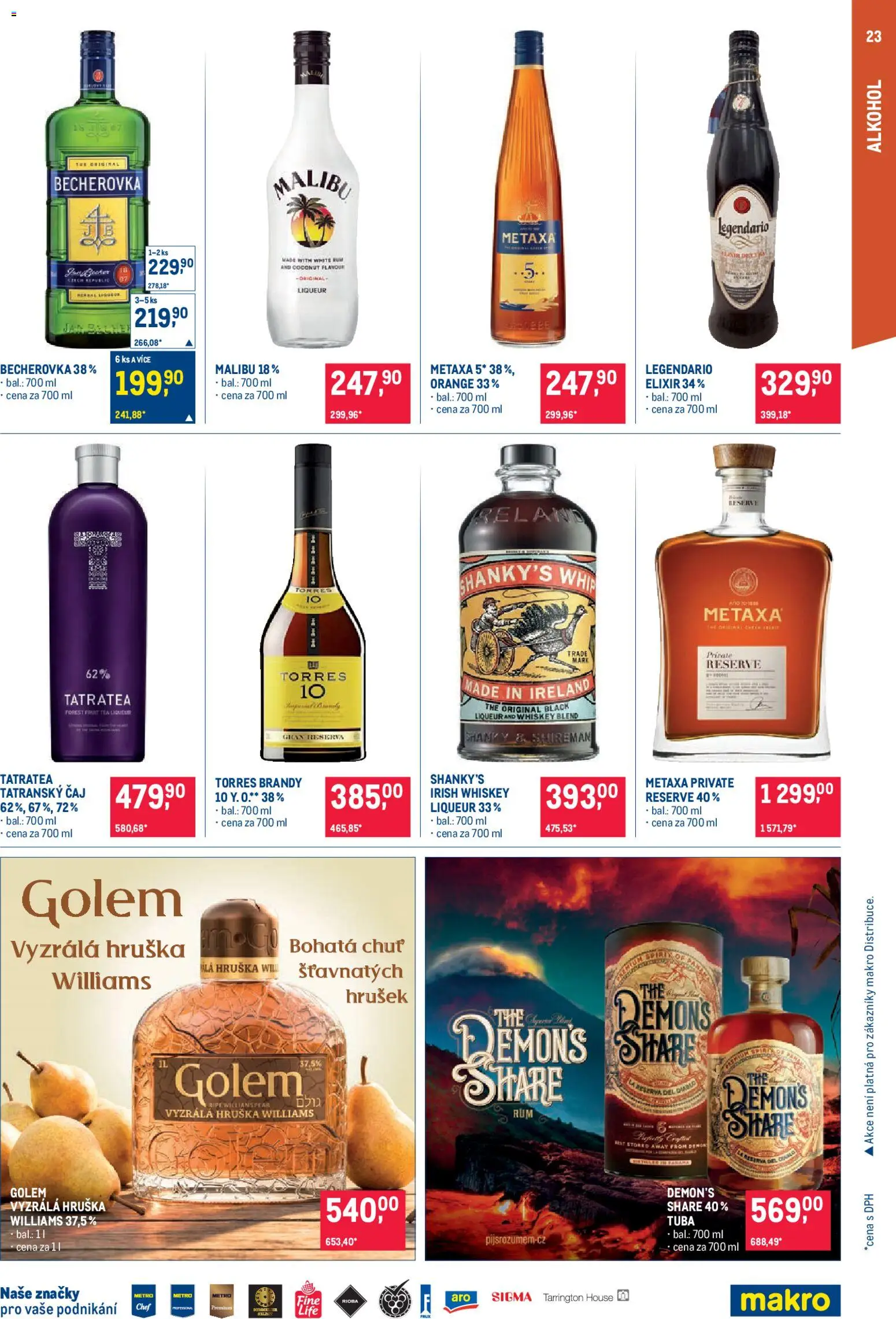 Makro leták - Pro milovníky jídla od 11.03.2026 | Strana: 23 | Produkty: Rum, Becherovka, Malibu, Metaxa 12