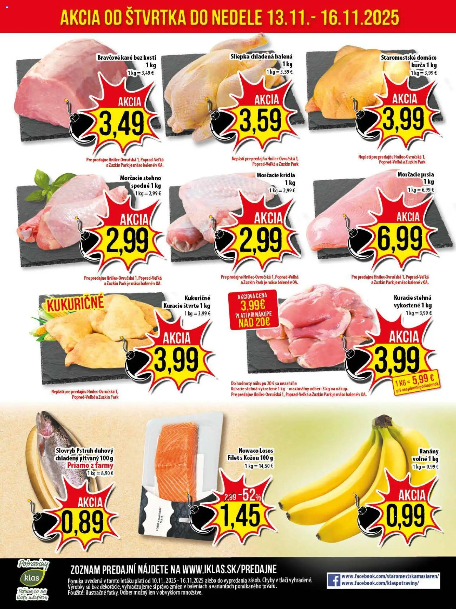 Nové Klas akcie – leták je platný od 10.11.2025 | Strana: 25 | Produkty: Kuracie stehná, Losos, Kurča, Bravčové karé