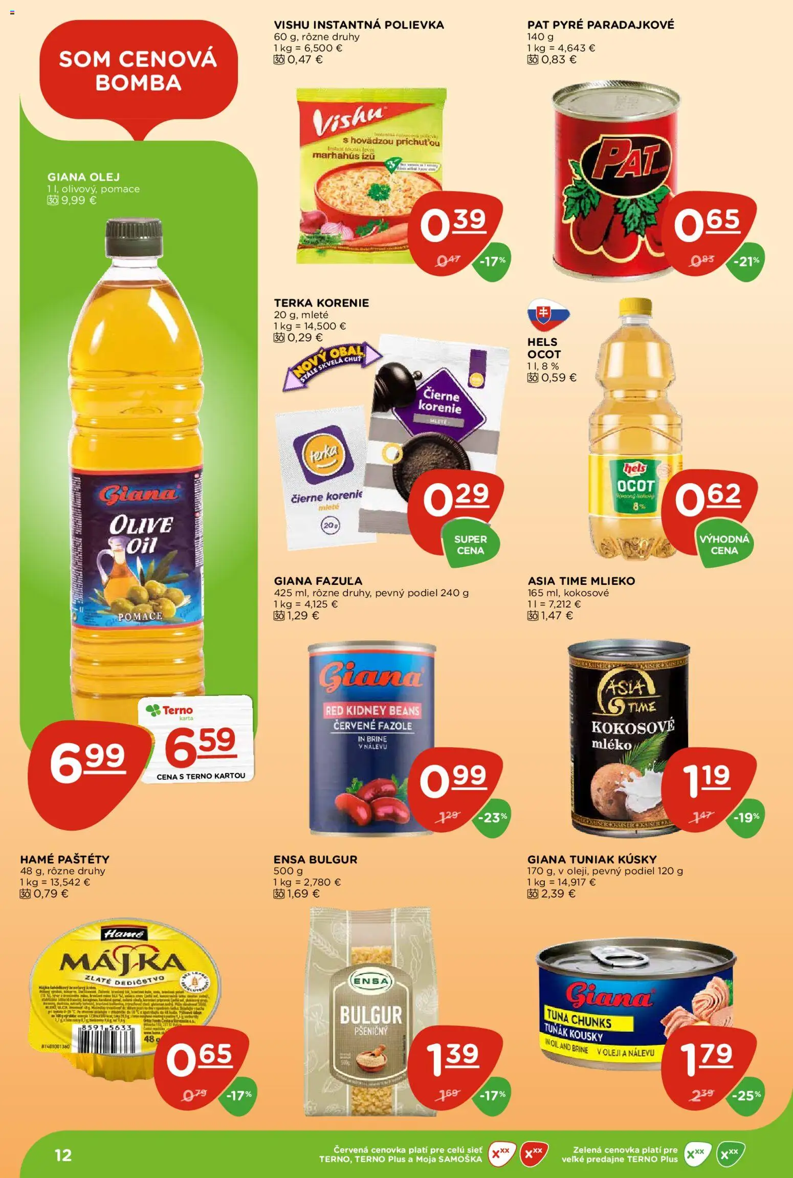 Nové Terno akcie – leták je platný od 08.01.2026 | Strana: 12 | Produkty: Tuniak, Fazuľa, Korenie, Ocot