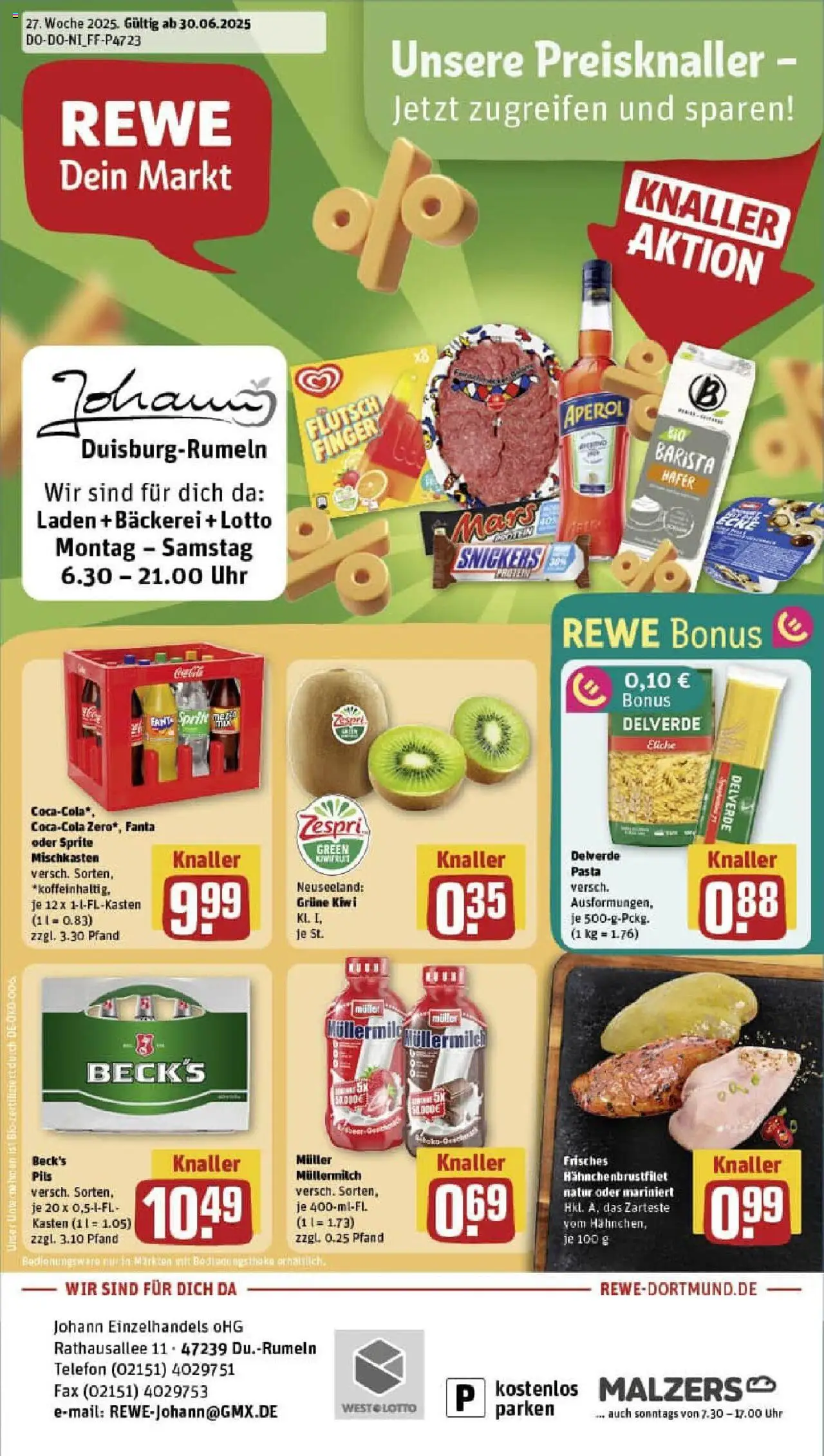 Rewe prospekt Duisburg / Rumeln	 - gültig ab dem 29.06.2025 | Seite: 1 | Produkte: Bäckerei, Pils, Snickers, Aperol