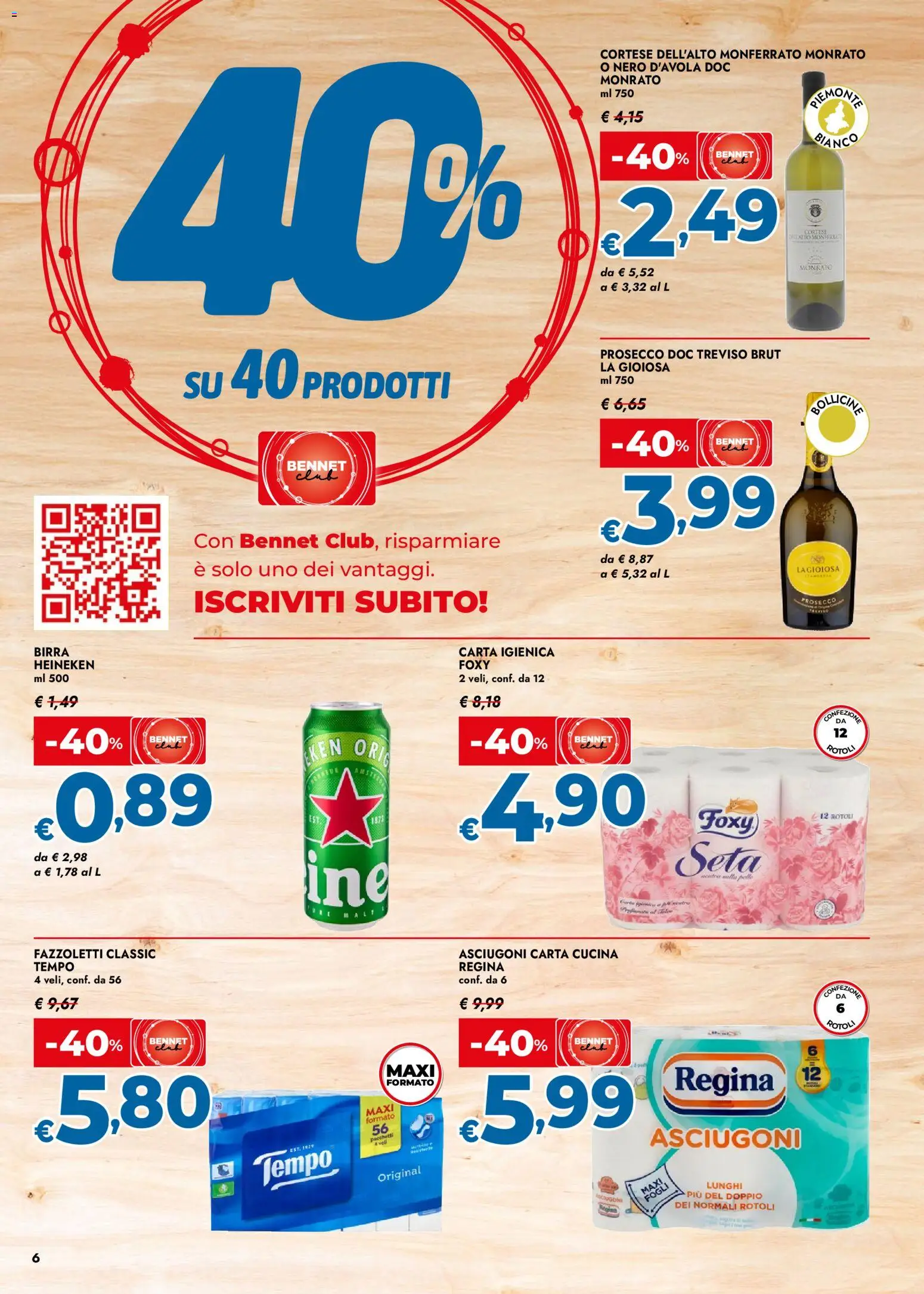 Volantino bennet del 02.01.2026 | Pagina: 6 | Prodotti: Carta igienica, Birra, Fazzoletti, Prosecco