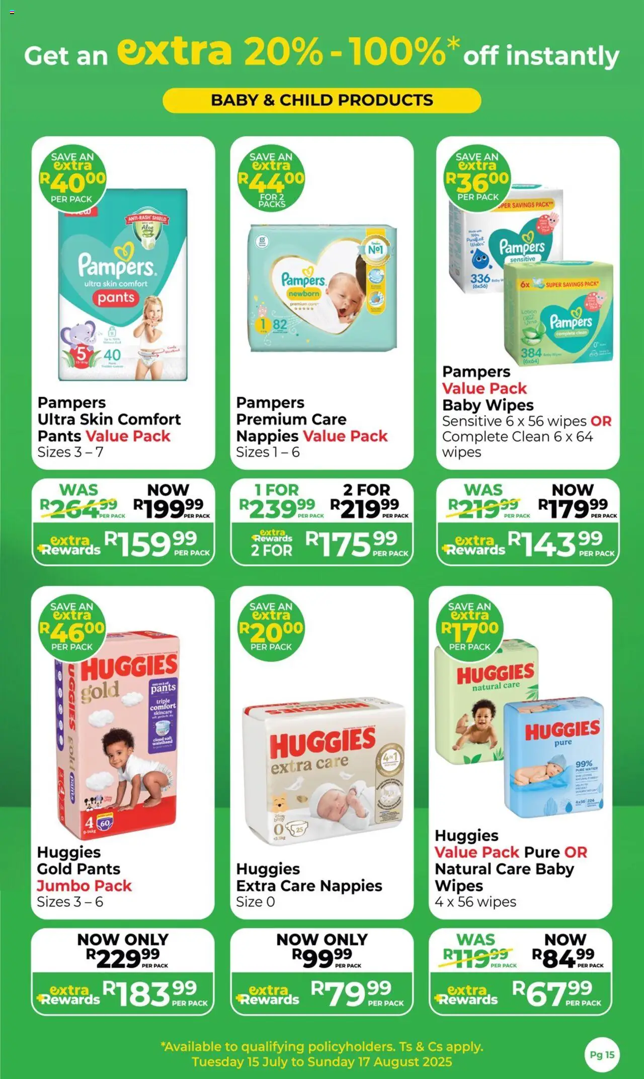 New Dis-Chem catalogue – valid from 15.07.2025 | Page: 15 | Products: Pants, Water, Nappies, Lotion