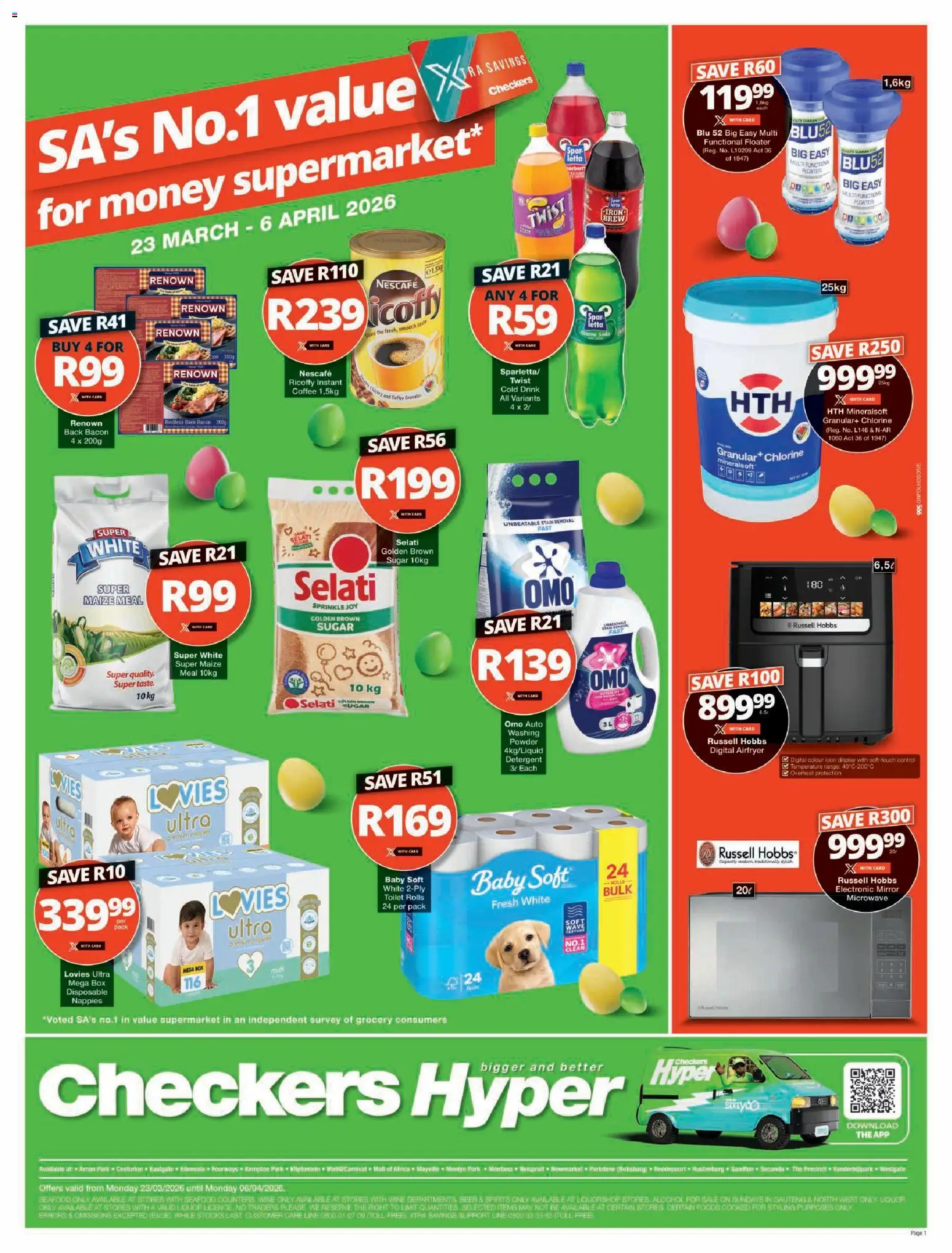 New Checkers catalogue – valid from 23.03.2026 | Page: 1 | Products: Microwave, Detergent, Sugar, Seafood